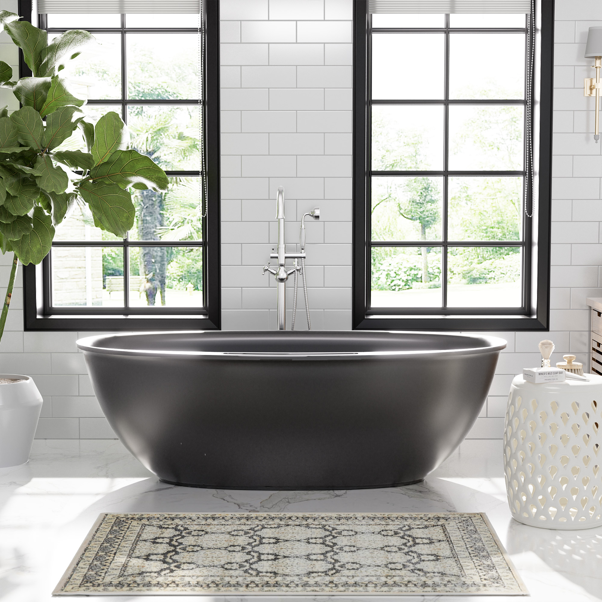 Matte white 67-inch artificial stone freestanding bathtub, hand-polished, with drainer + drain cover + drain pipe