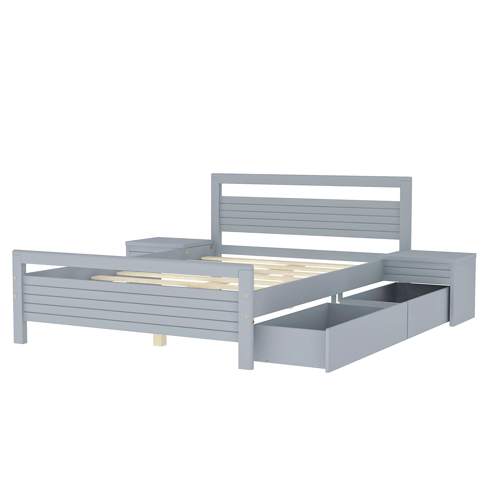 Full Size Wooden Platform Bed with 2 Storage Drawers and 2 bedside tables, Gray 