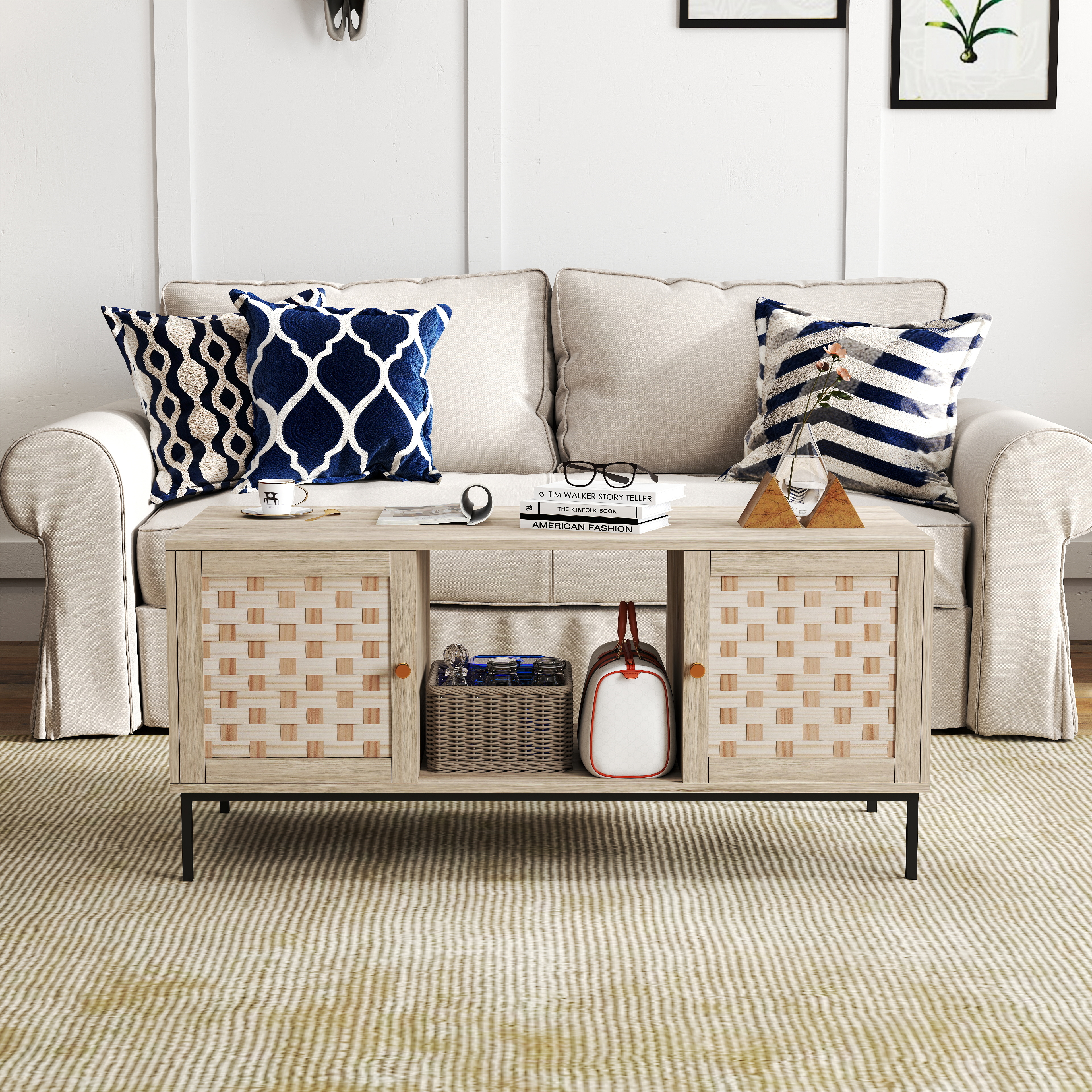 Elegant Veener Weaving Design Coffee Table with 4 Sliding Door, Wooden Center Rectangular Table with Symmetrical Design Storage Cabinet 