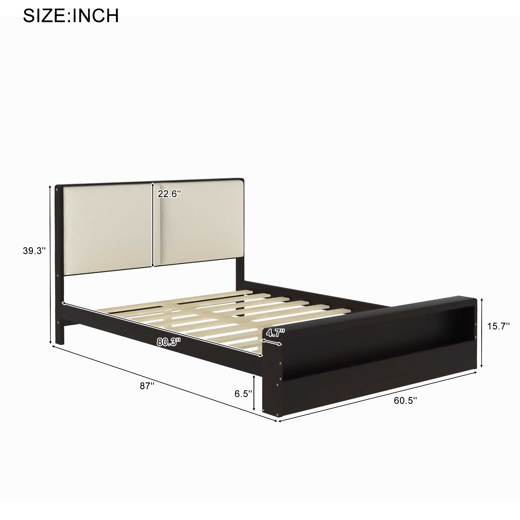 King/Queen Size Platform Bed Frame with Upholstery Headboard and Bookshelf in Footboard and LED Light Strips, Espresso
