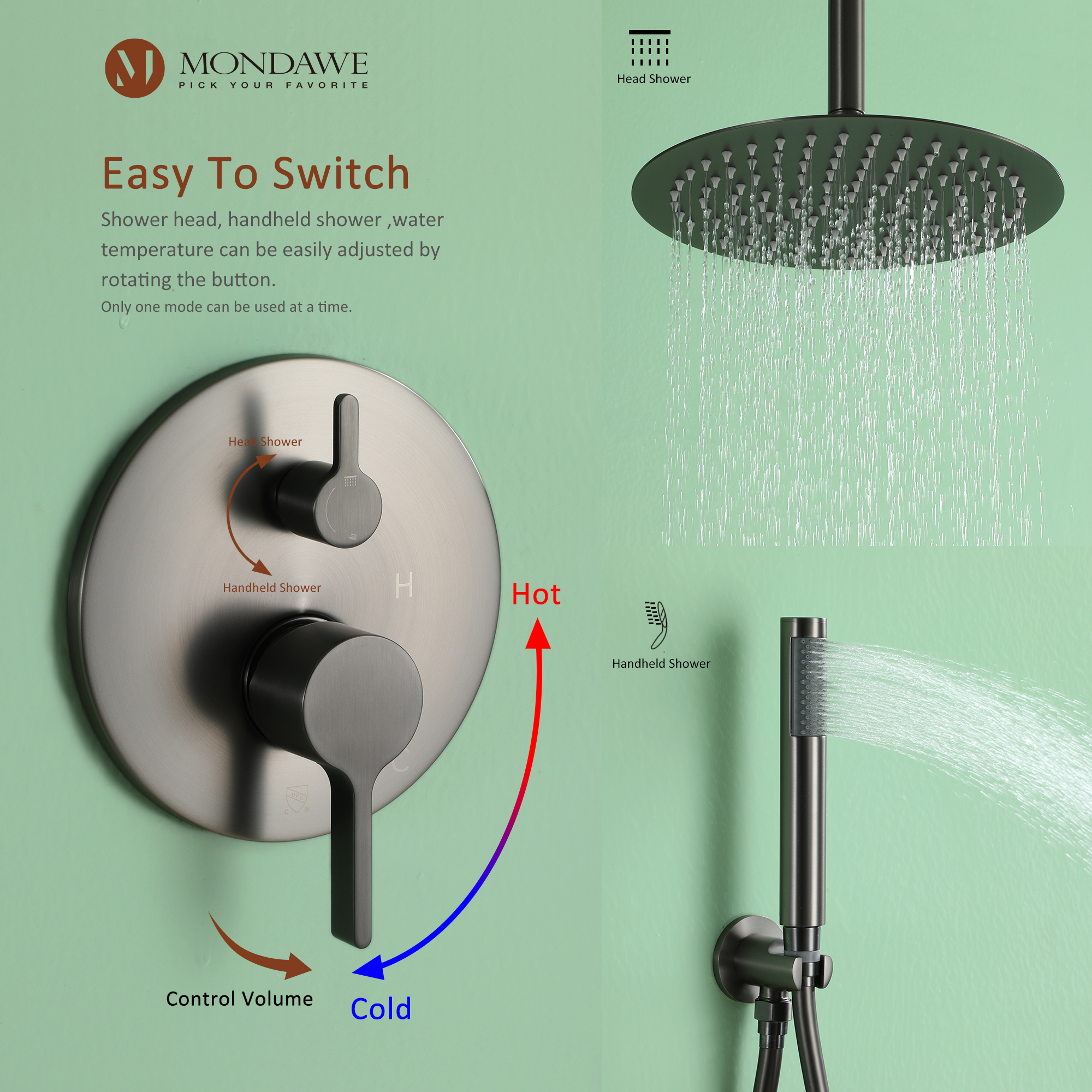 Mondawe 10 Inch Round Bathroom Shower Set in Nickel/Chrome/Black/Gold/Gun Black-Mondawe