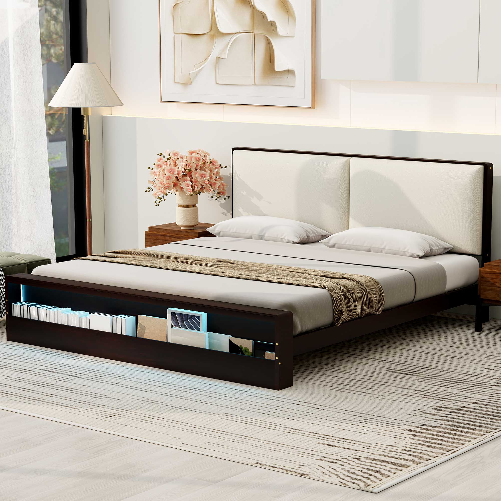 King/Queen Size Platform Bed Frame with Upholstery Headboard and Bookshelf in Footboard and LED Light Strips, Espresso