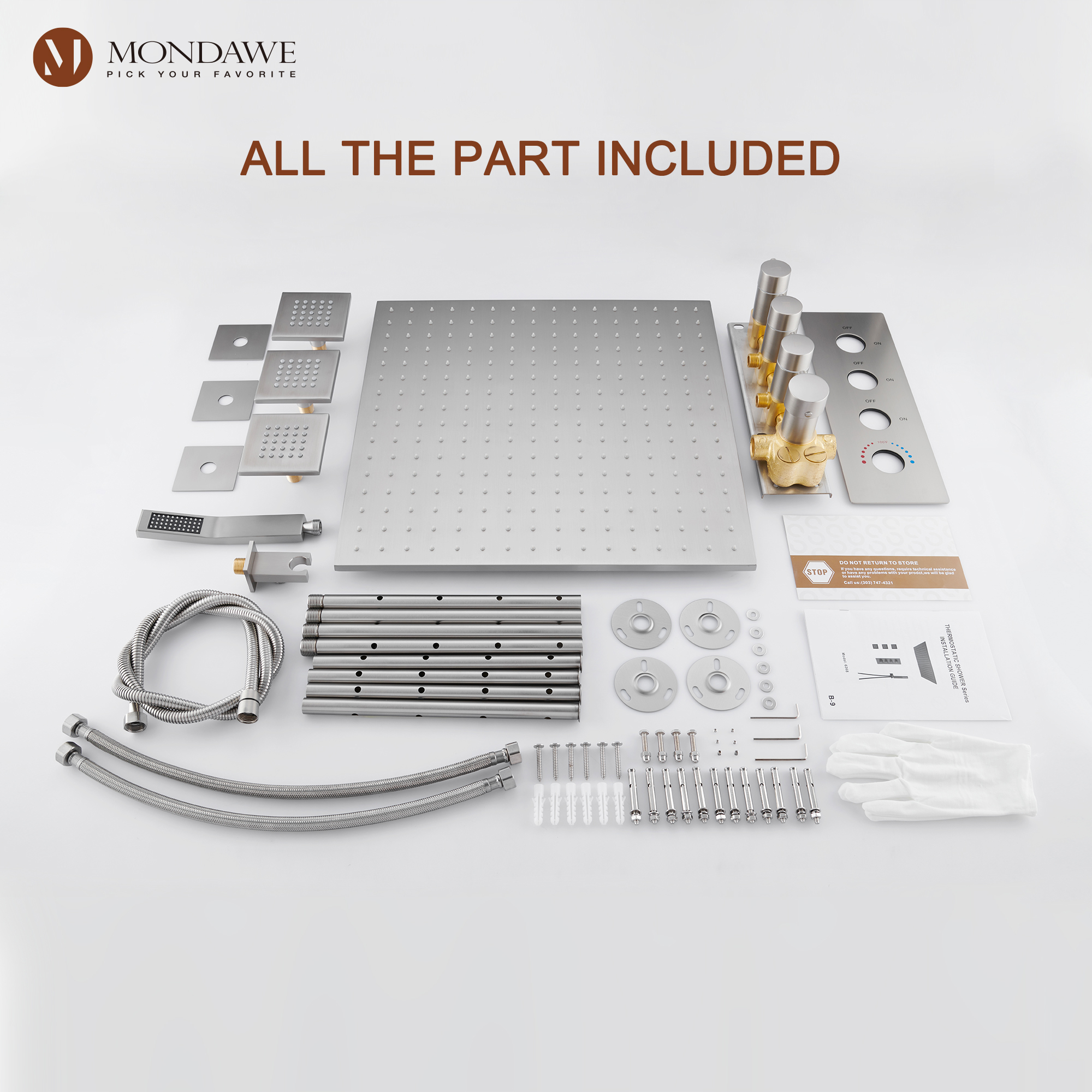 CH-20 Inch Ceiling Mounted Rain Shower Head System Luxury 3-Spray Patterns Thermostatic Shower Faucets Sets Complete with 3-Function Shower Head and Solid Brass Handshower-Mondawe