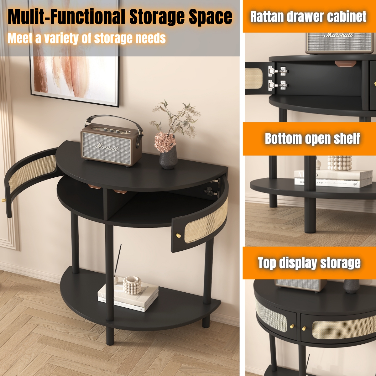 Unique Half Moon Design End Table with Sliding Rattan Door,Elegant Semi-circle Entryway Console Table with 2 Rattan Storage Cabinet and Bottom Shelf for Living room, Bedroom, Study, Hallway 