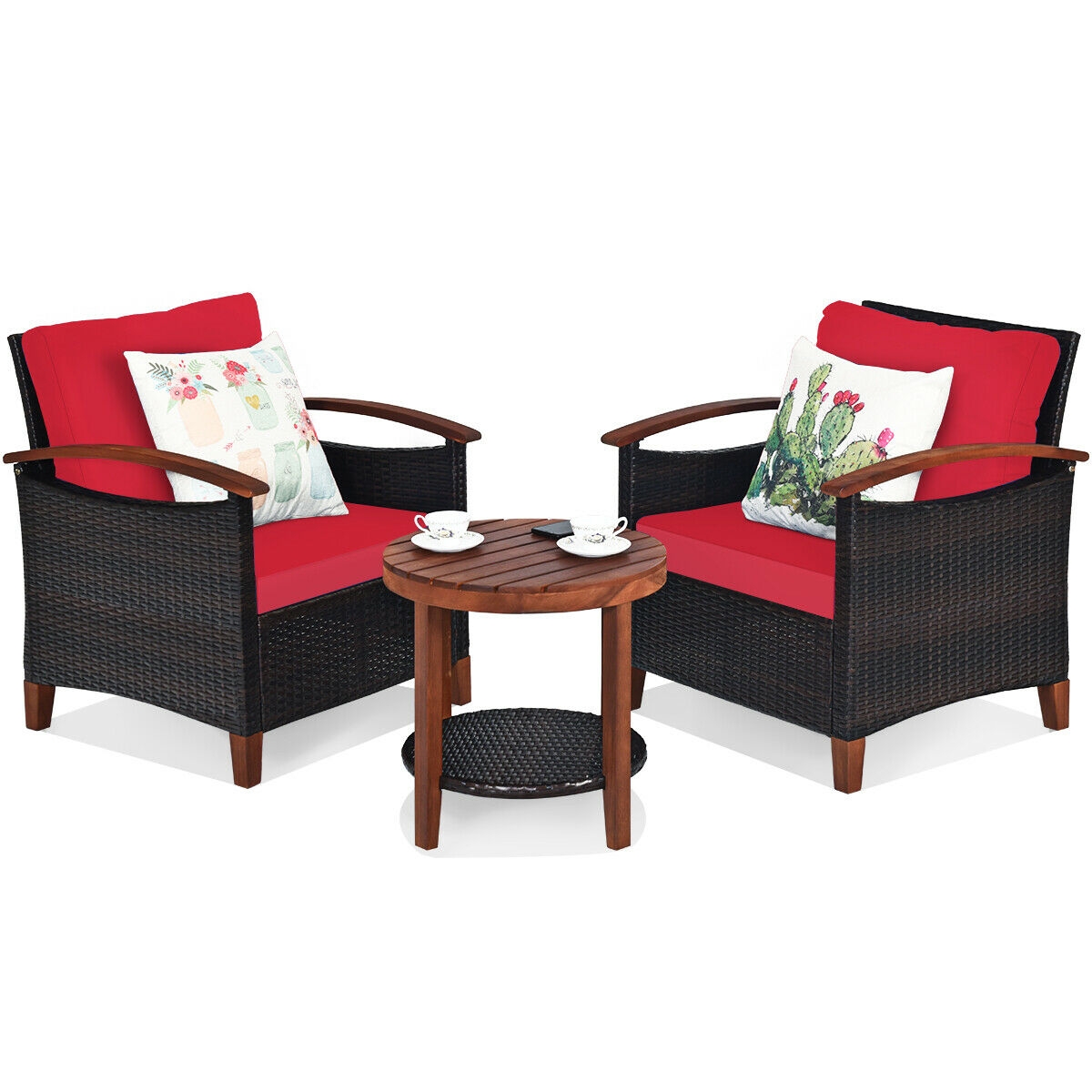 Mondawe 3 Pcs Solid Wood Frame Patio Rattan Furniture Set-Red-Mondawe