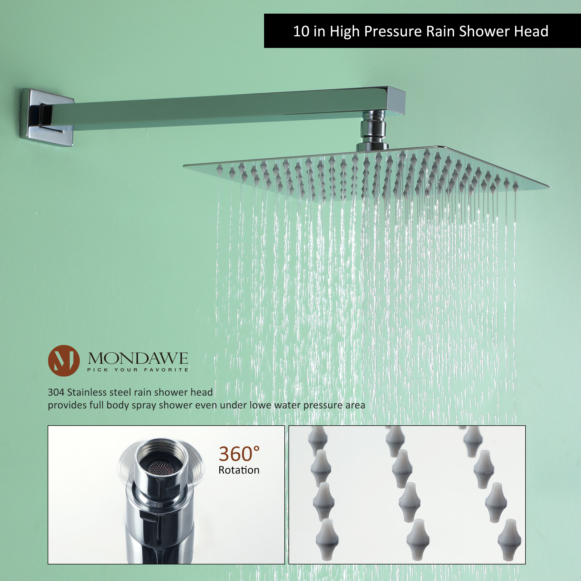 Mondawe Three function Pressure Balance Shower Set with 10 in Shower Head(5 color, Valve Included)-Mondawe