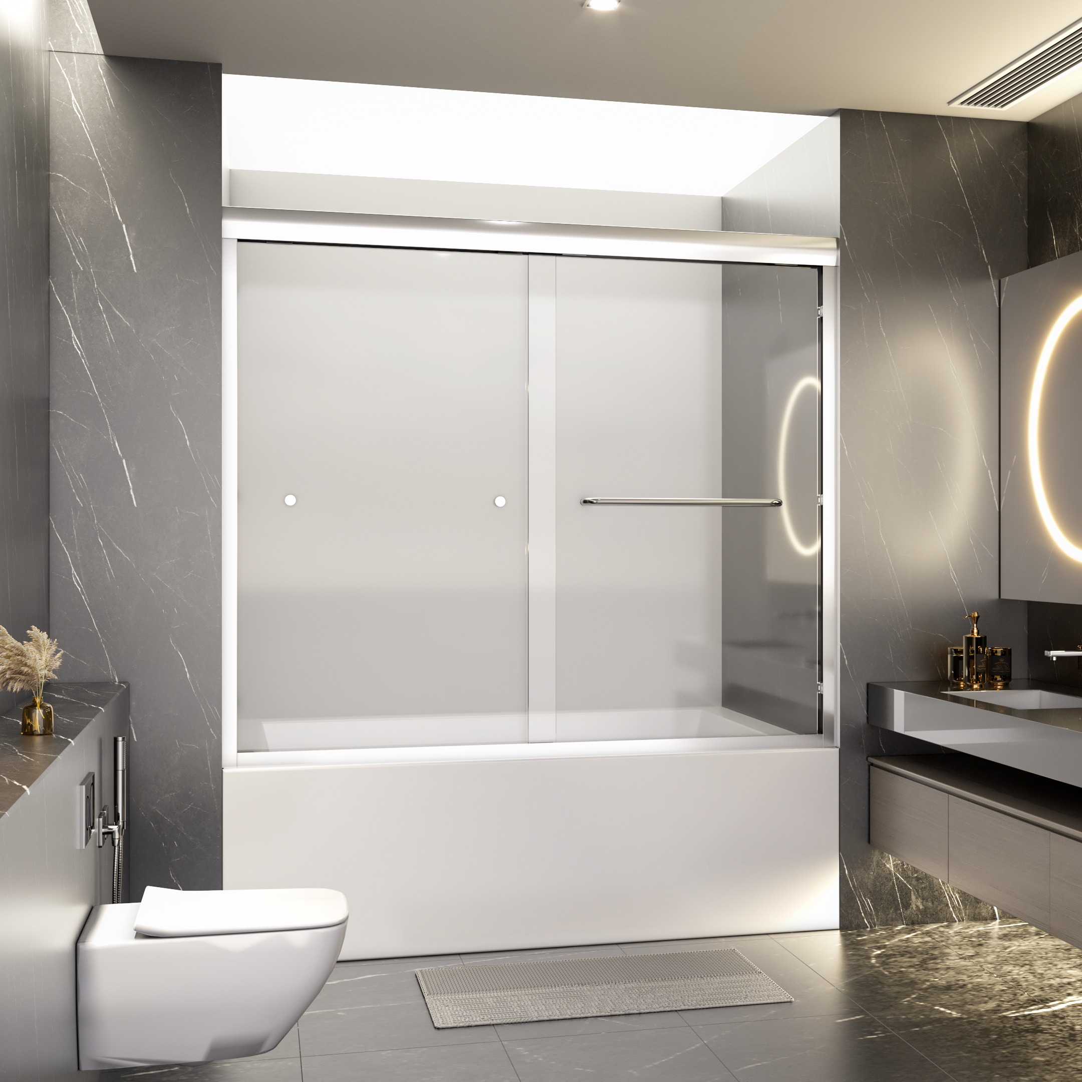 Bathtub Sliding Doors 60" W x 58" H, Semi-Frameless Double Sliding Shower Doors with 1/4 in. SGCC Tempered Glass, Bypass Bathtub Door in Chrome, Tub Shower Door with Explosion-Proof Film