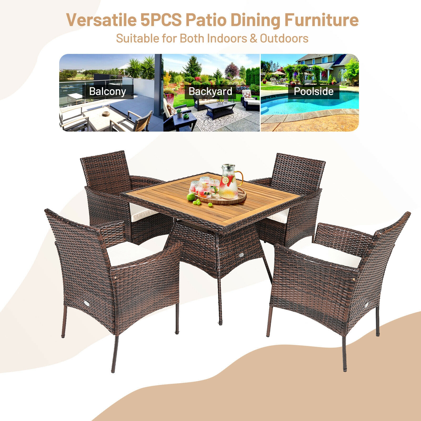 Mondawe 5 Pieces Patio Rattan Dining Furniture Set with Arm Chair and Wooden Table Top-Mondawe