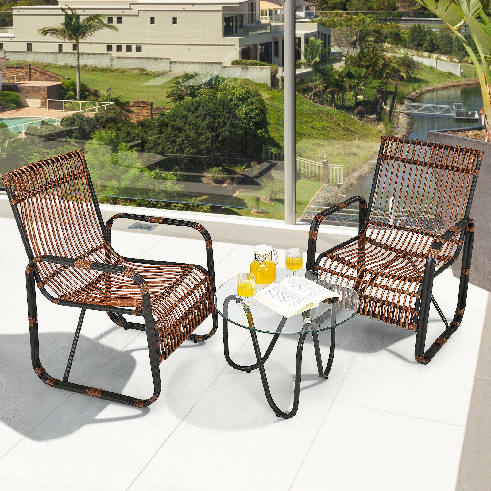 Mondawe 3 Pieces Patio Rattan Conversational Furniture Set-Mondawe