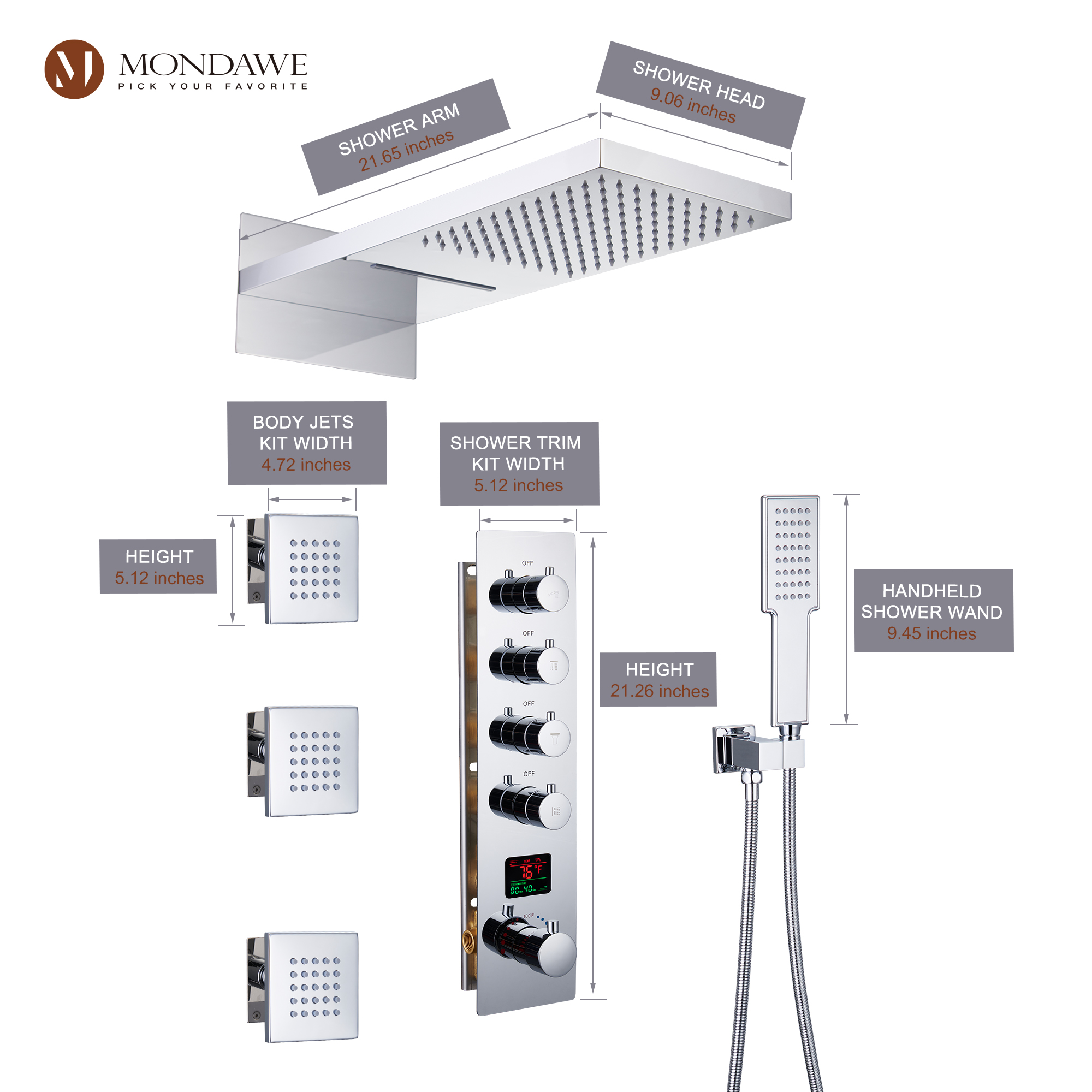 Mondawe Luxury Rain Dual Shower Heads Wall Mounted 22 in. with Digital Temperature Display 4 Spray Patterns Thermostatic and 3 Body Jets-Mondawe