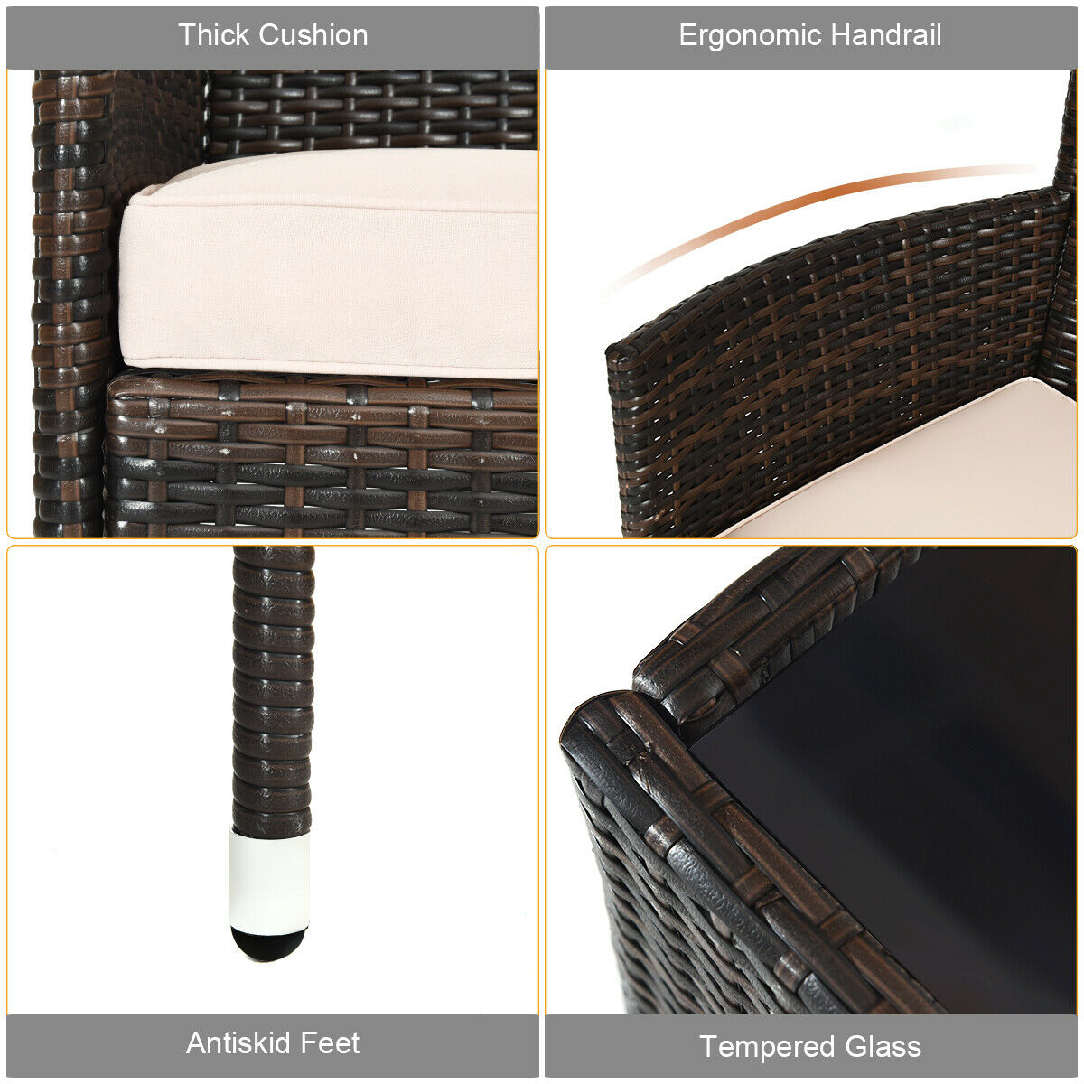 Mondawe 4 Pcs Rattan Outdoor Patio Conversation Furniture Set with Glass Table and Comfortable Wicker Sectional Sofa-Khaki-Mondawe