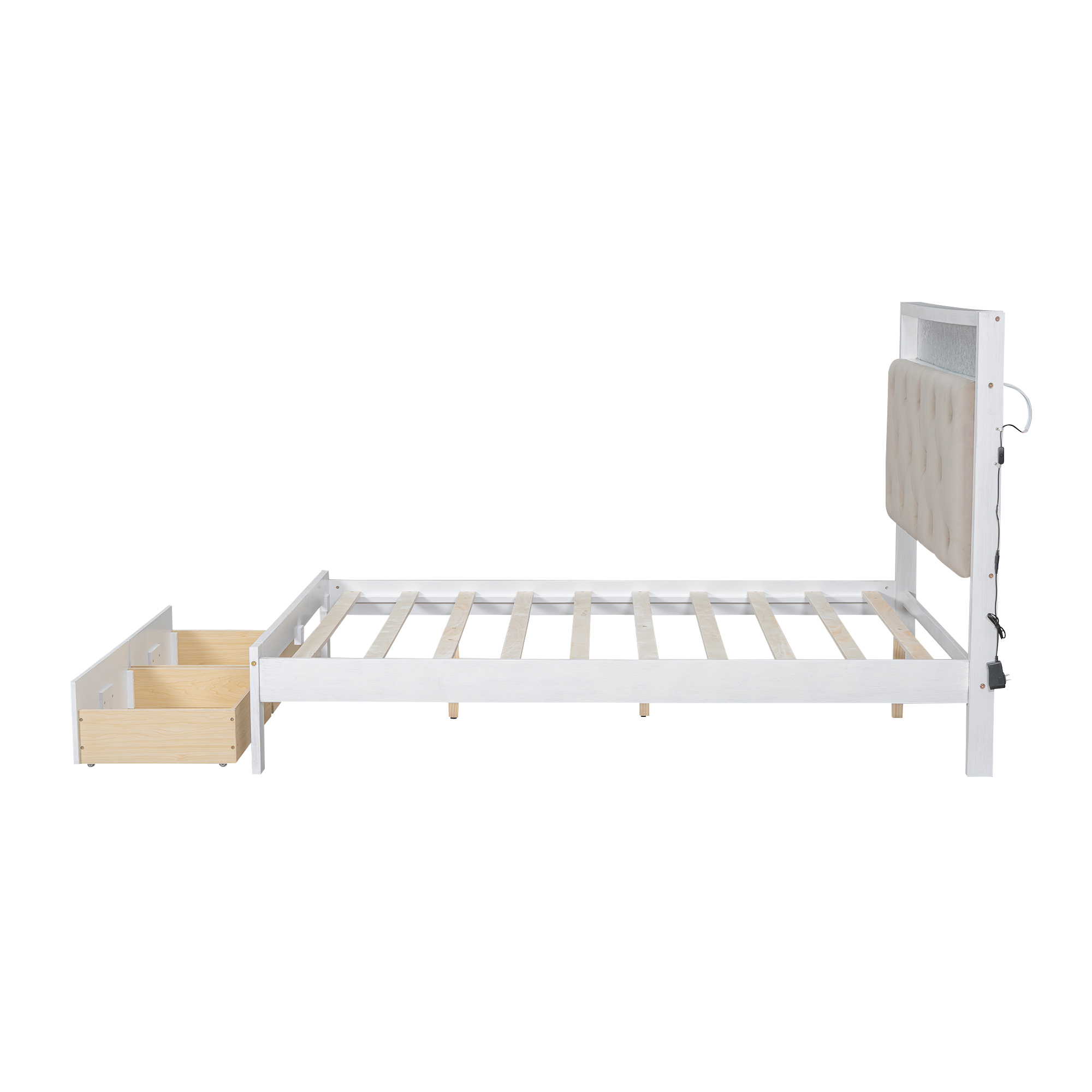 Wood Queen/Full Size Platform Bed with Upholstered Headboard and LED and 2 Drawers, Antique White 