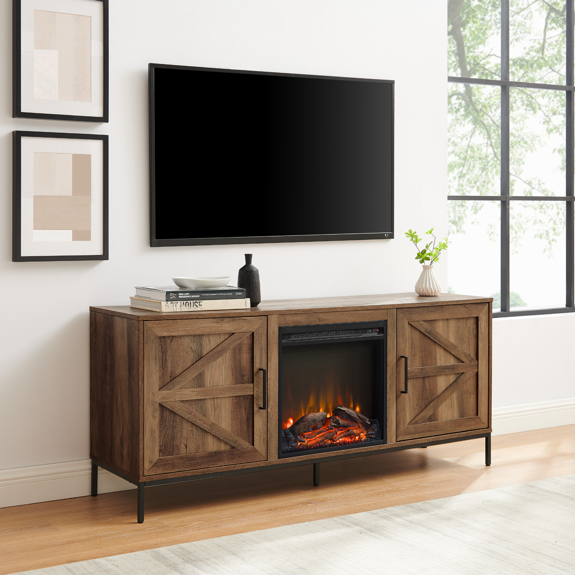 Modern Farmhouse Barn Door Fireplace TV Stand for TVs up to 65” – Rustic Oak 