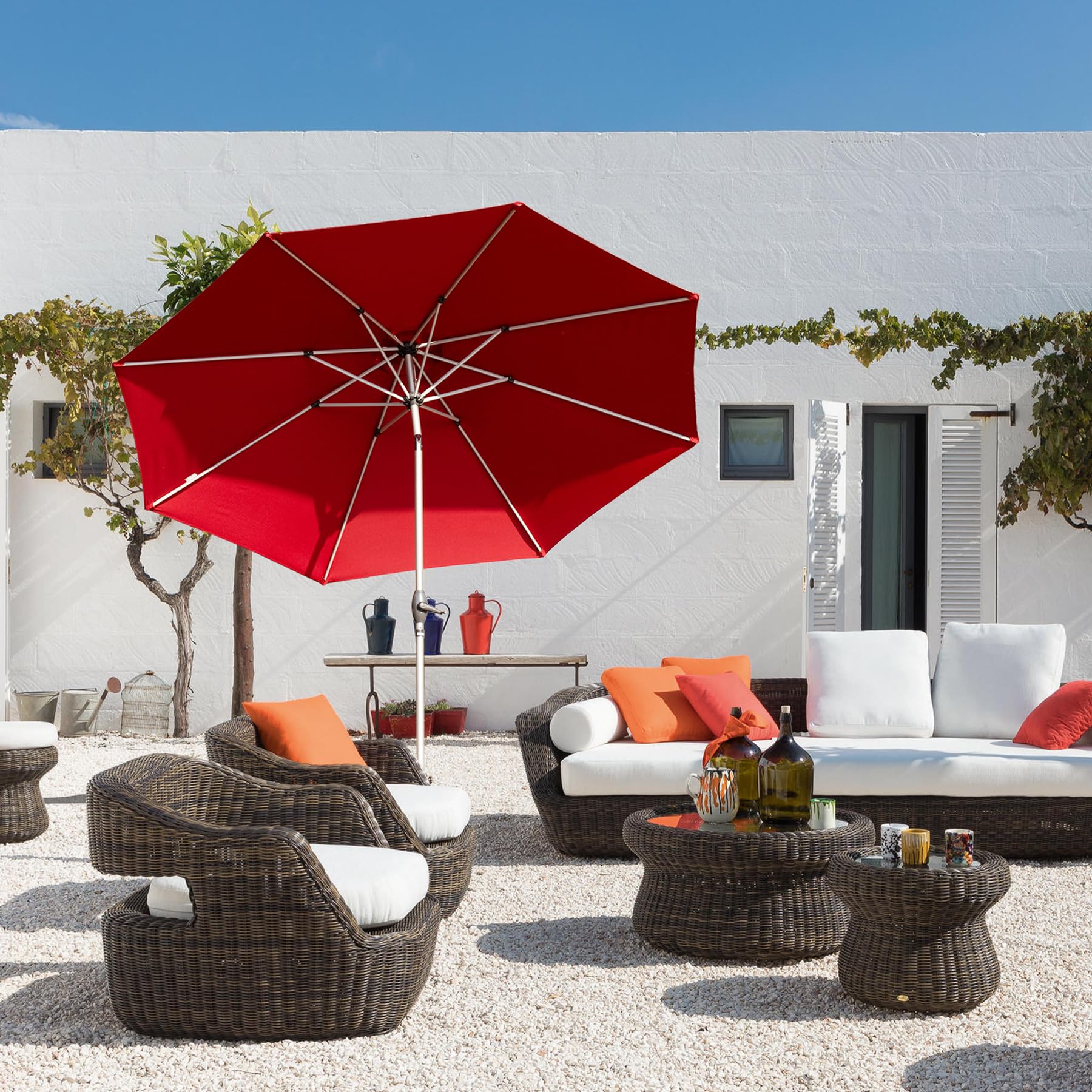 brick red patio umbrella PURPLE LEAF Cantilever Umbrellas 10'x 10' Square Double Top Button Tilt Boho Havens 7.4-ft Aluminum Brick