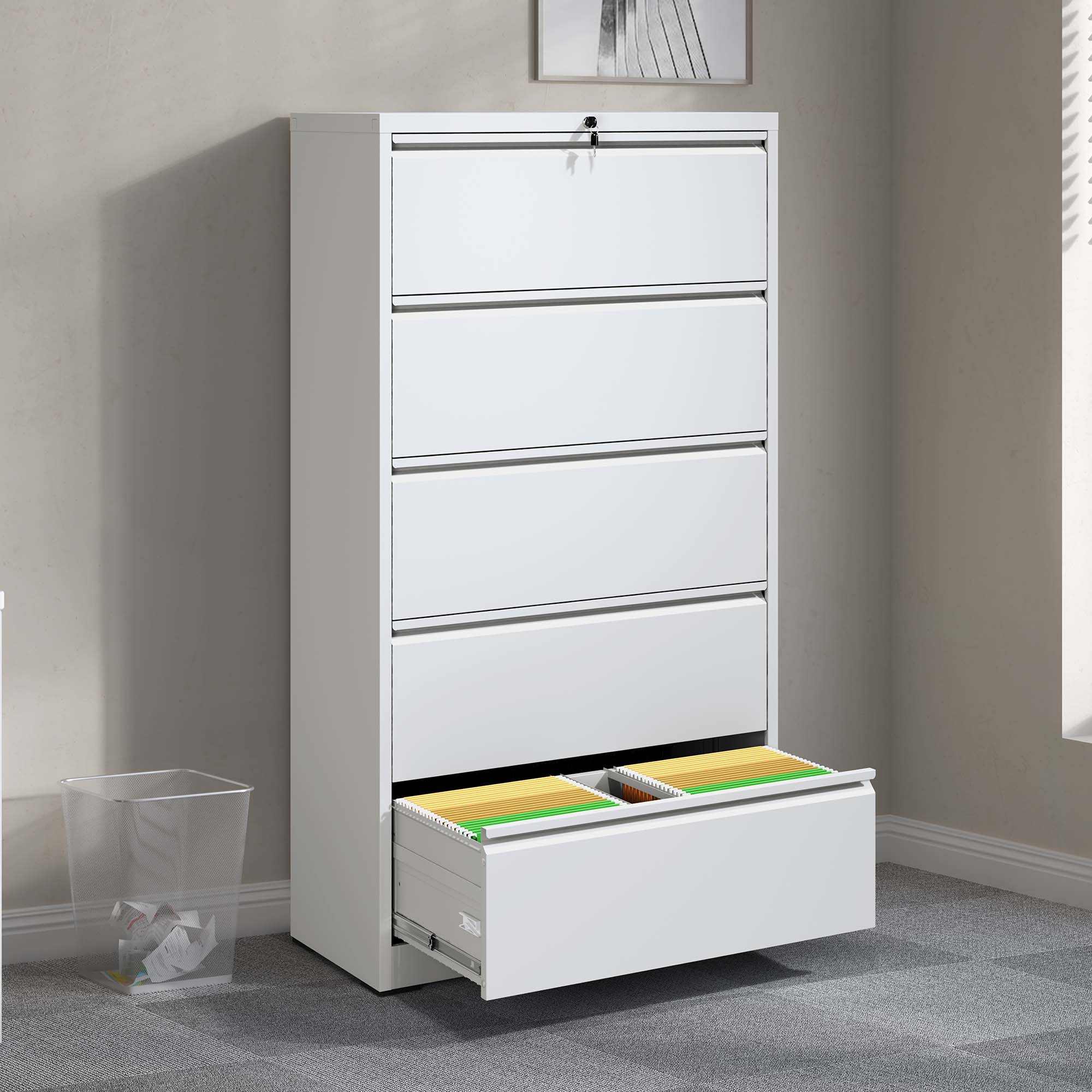 5 Drawer Metal Lateral File Cabinet , White/Black Filing Cabinet with Lock, Lockable File Cabinet for Home Office, Locking Metal File Cabinet for Legal/Letter/A4/F4 Size 