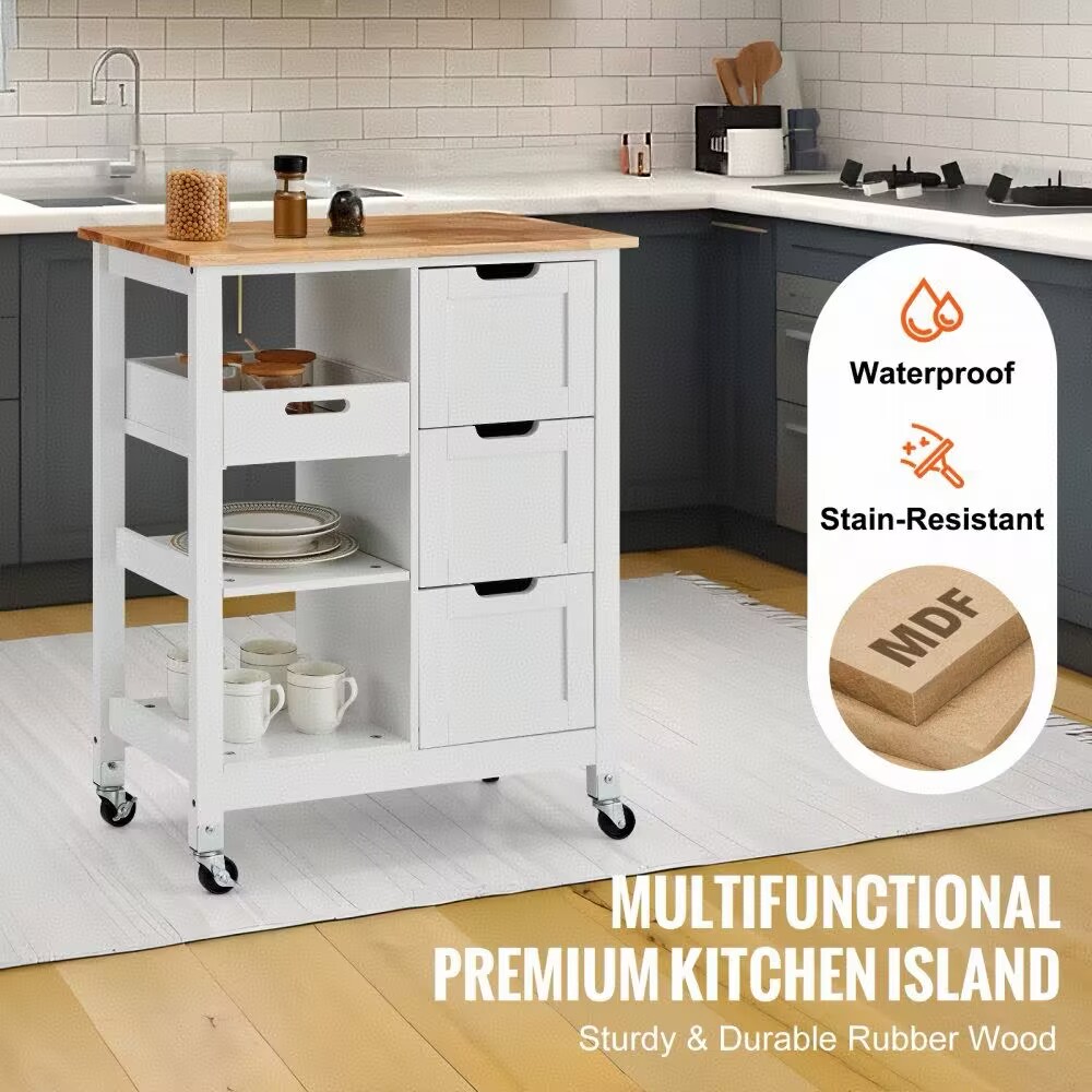 Rolling Portable Small Kitchen Island Cart on Wheels with Solid Wood Top, Dining Room Serving Utility Carts Mobile Movable with 3 Drawers and Storage Shelves Cabinet, White 