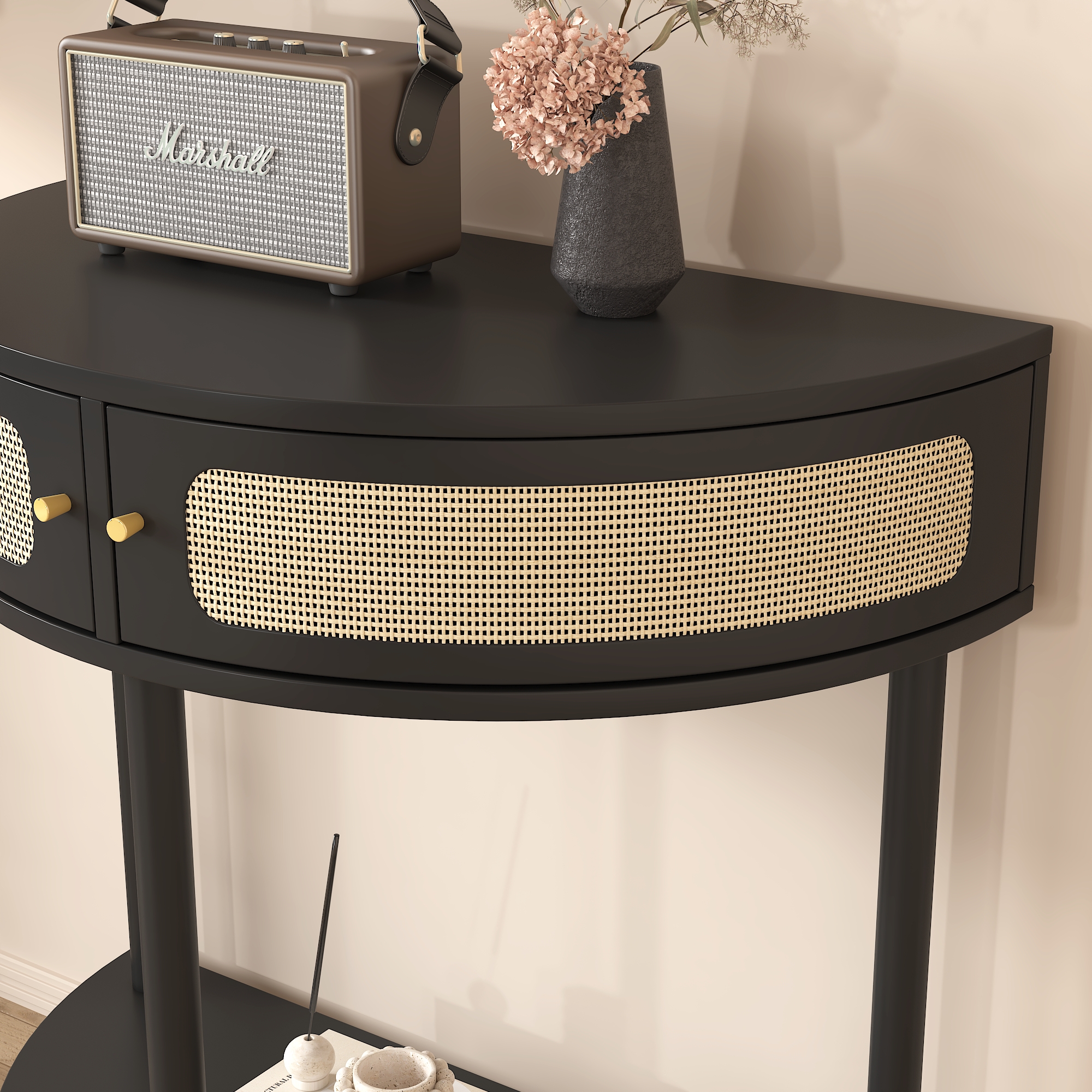 Unique Half Moon Design End Table with Sliding Rattan Door,Elegant Semi-circle Entryway Console Table with 2 Rattan Storage Cabinet and Bottom Shelf for Living room, Bedroom, Study, Hallway 