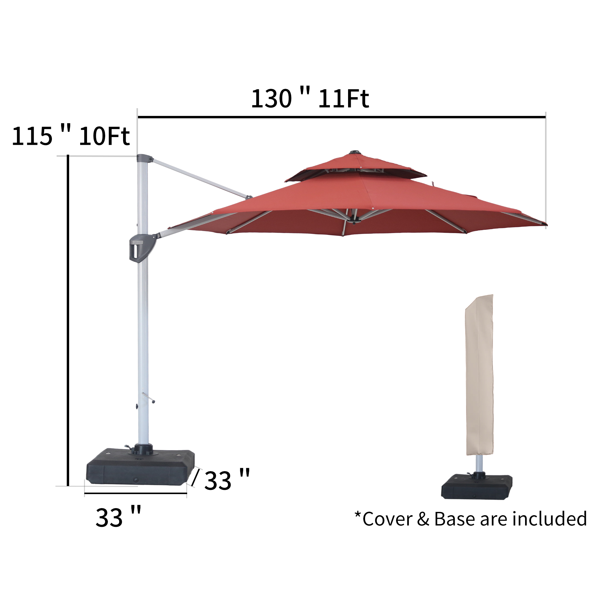10/11ft Square Cantilever Patio Umbrella with 5 Adjustable Angles, Outdoor Sunshade with Base for Deck, Garden, or Pool