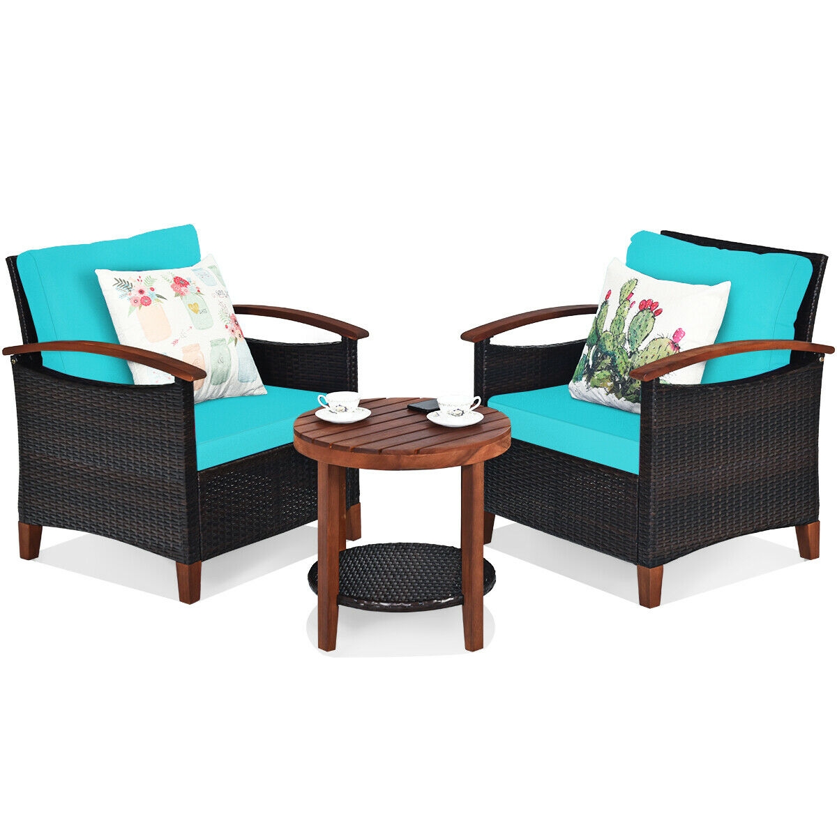 Mondawe 3 Pcs Solid Wood Frame Patio Rattan Furniture Set-Turquoise-Mondawe