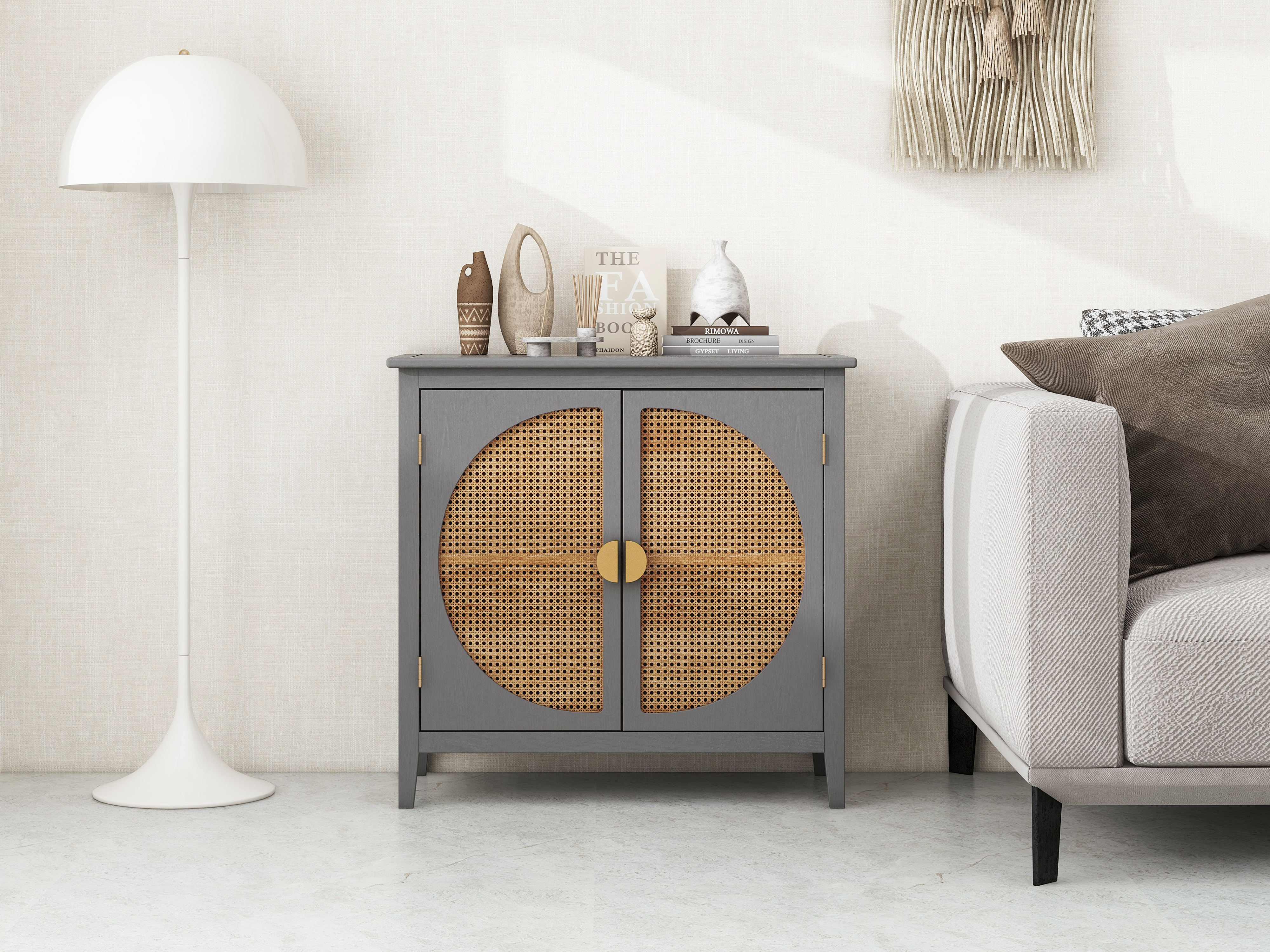 2 door cabinet with semicircular elements,natural rattan weaving,suitable for multiple scenes such as living room, bedroom, study room 