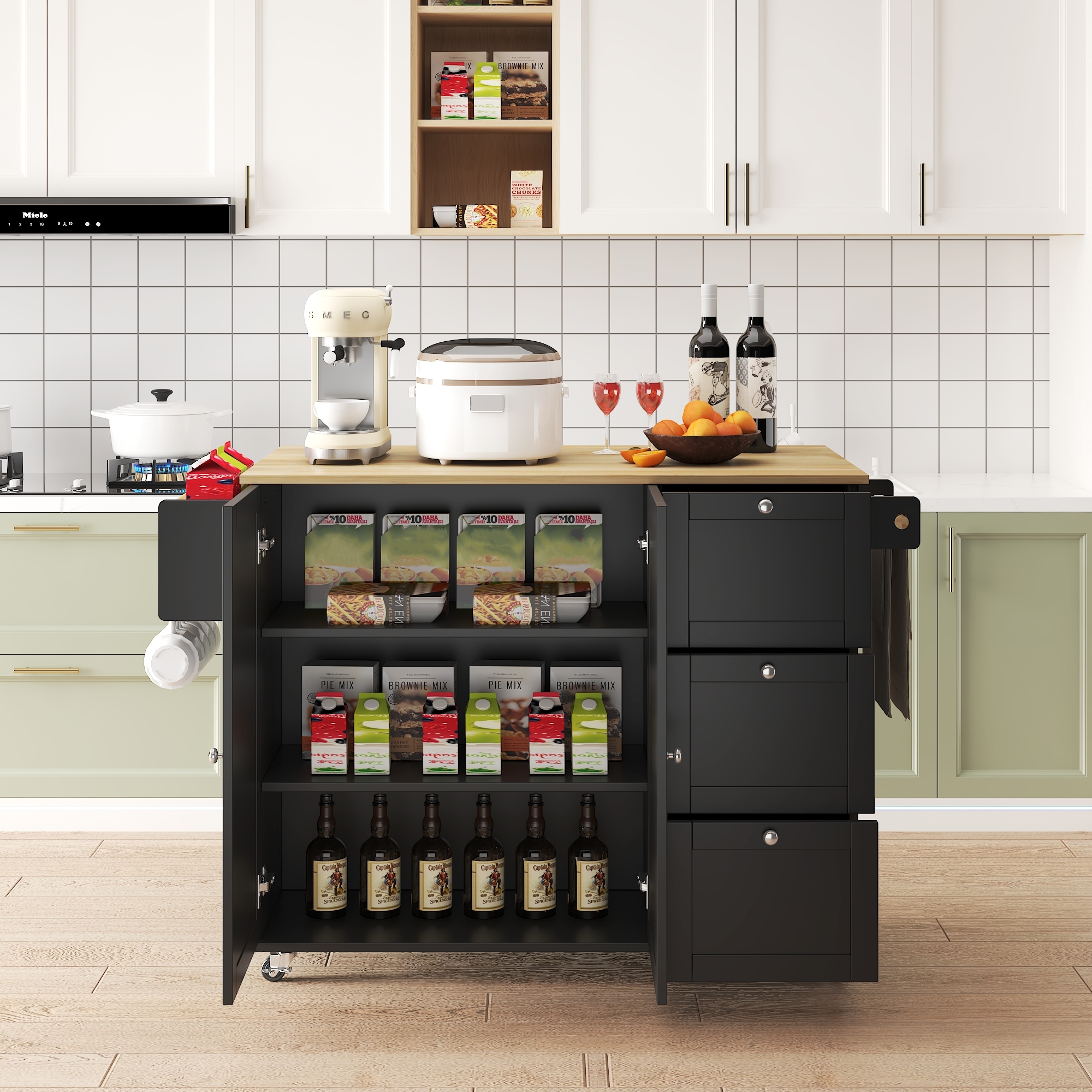 45.4" Farmhouse Black Rolling Kitchen Cart on Wheels with Storage Cabinet, Mobile Kitchen Island cart with Drop Leaf Top, Spice Rack, Towel Bar, Adjustable Shelf, Drawers and Hooks 