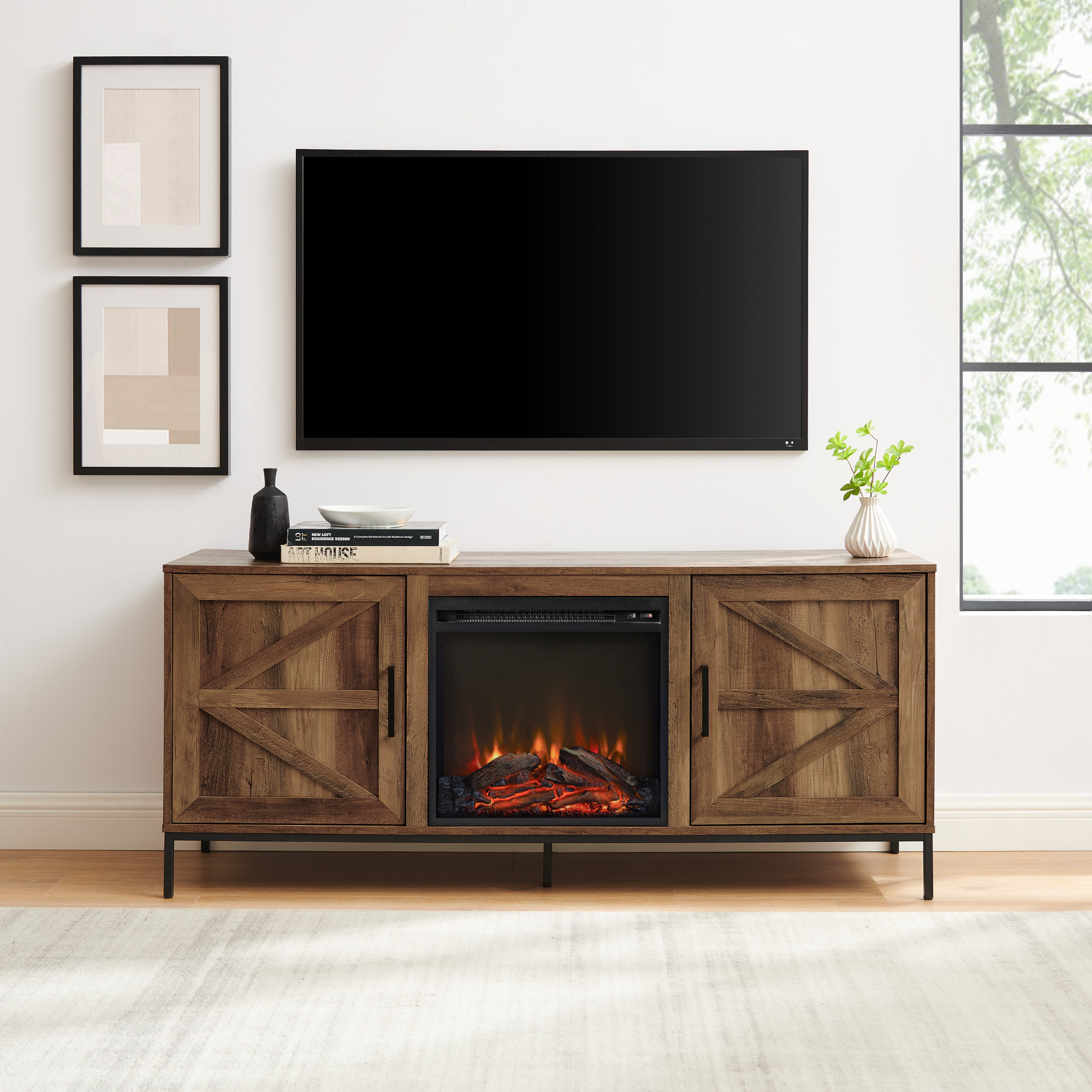 Modern Farmhouse Barn Door Fireplace TV Stand for TVs up to 65” – Rustic Oak 