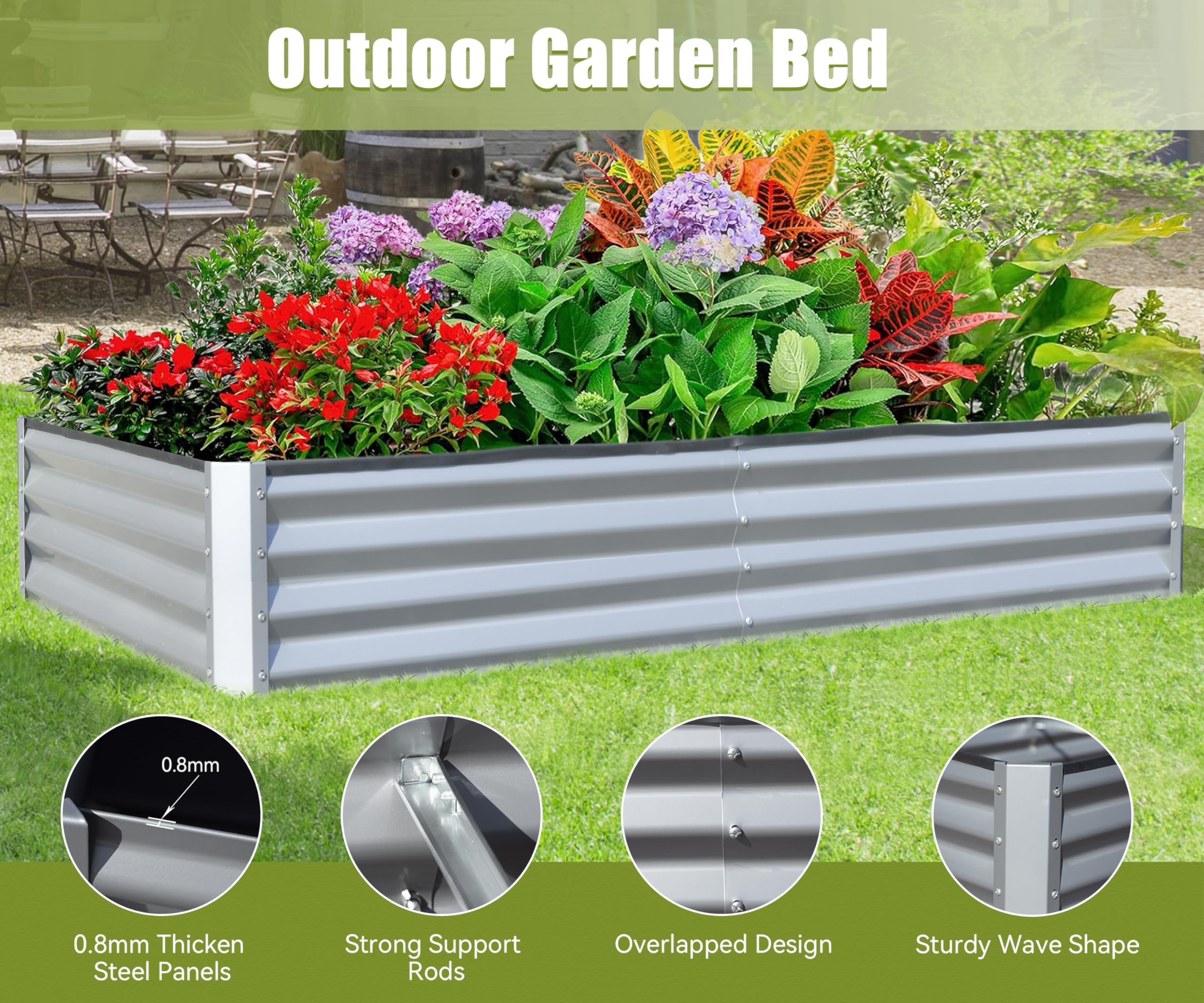 8x4x1 ft Galvanized Raised Garden Bed, Outdoor Planter Garden Boxes Large Metal Planter Box for Gardening Vegetables Fruits Flowers, Gray/Green/Silver