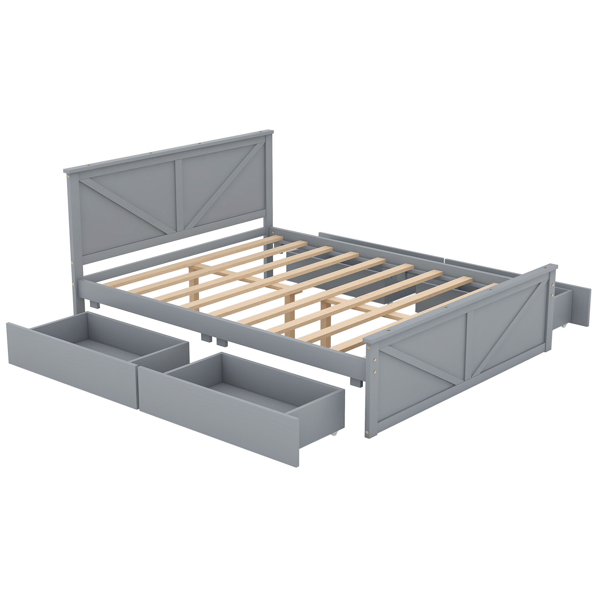 King/Queen Size Wooden Platform Bed with Four Storage Drawers and Support Legs, White/Gray