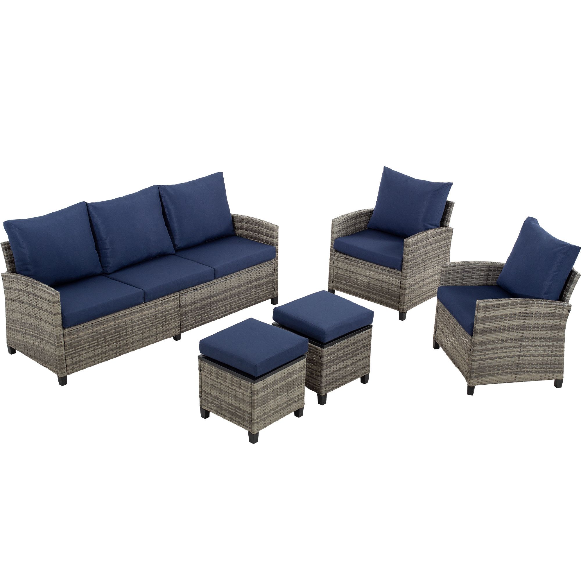 5-Piece PE Rattan Patio Furniture Set – 3-Seater Sofa, 2 Armchairs, 2 Ottomans with Cushions, Outdoor Lounge Seating, Gray/Beige/Blue