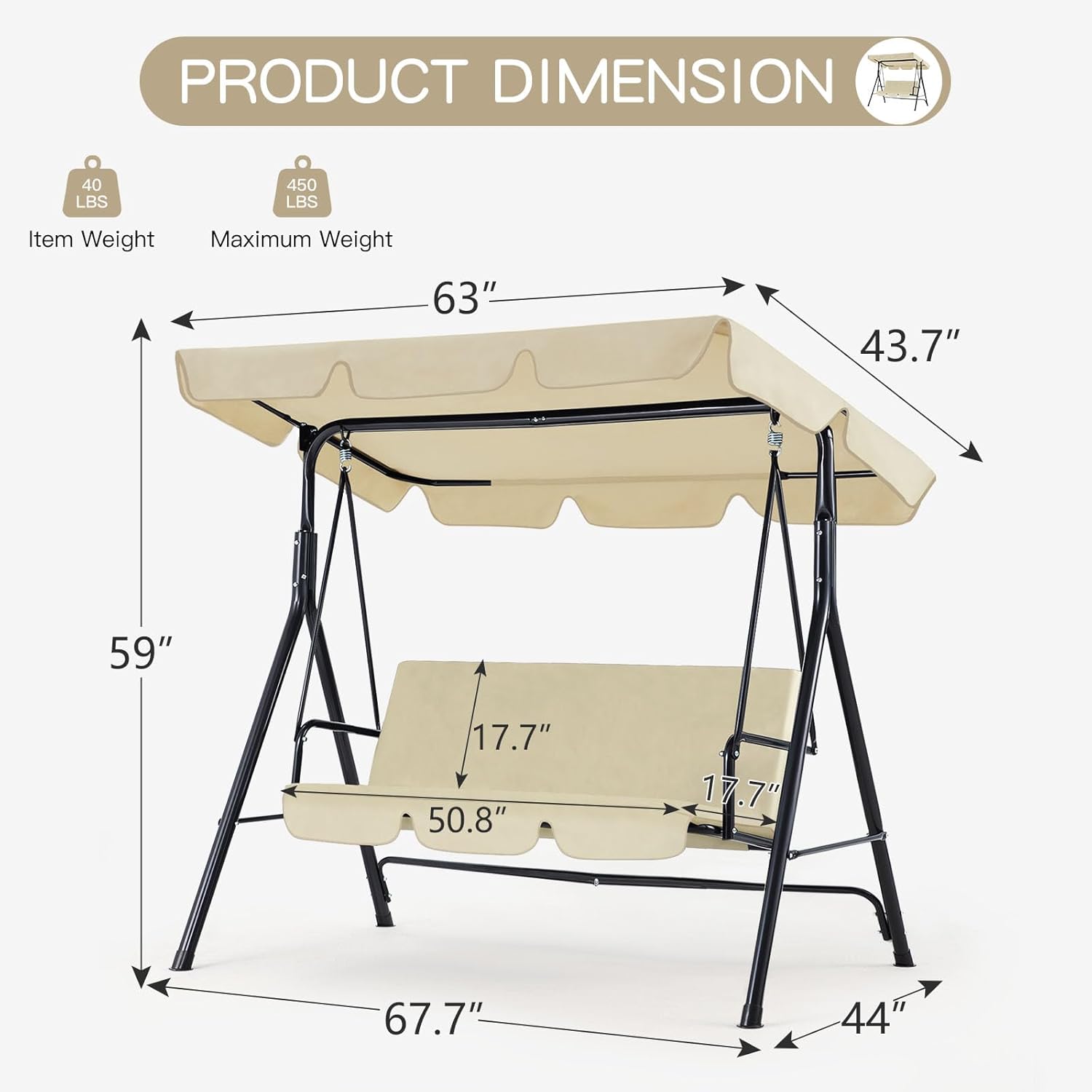3-Person Steel Frame Outdoor Patio Porch Swing Chair in Beige/Navy Blue/Red/Brown/Dark Gray With Adjustable Canopy