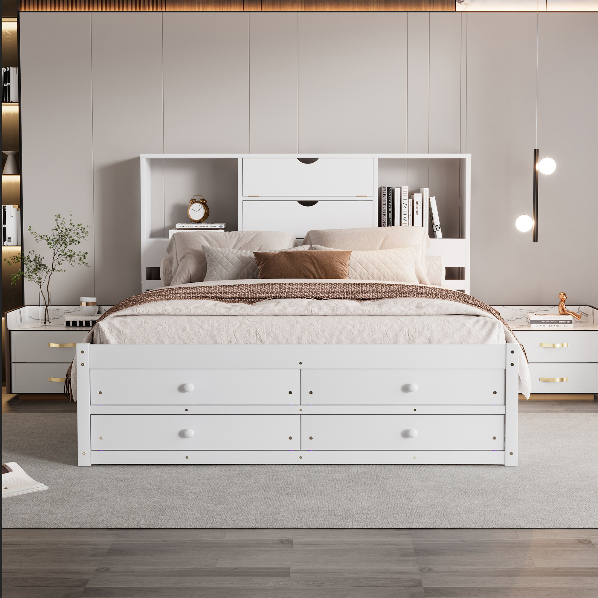 Queen/King Size Platform Bed with Storage Headboard and 8 Drawers, White/Gray