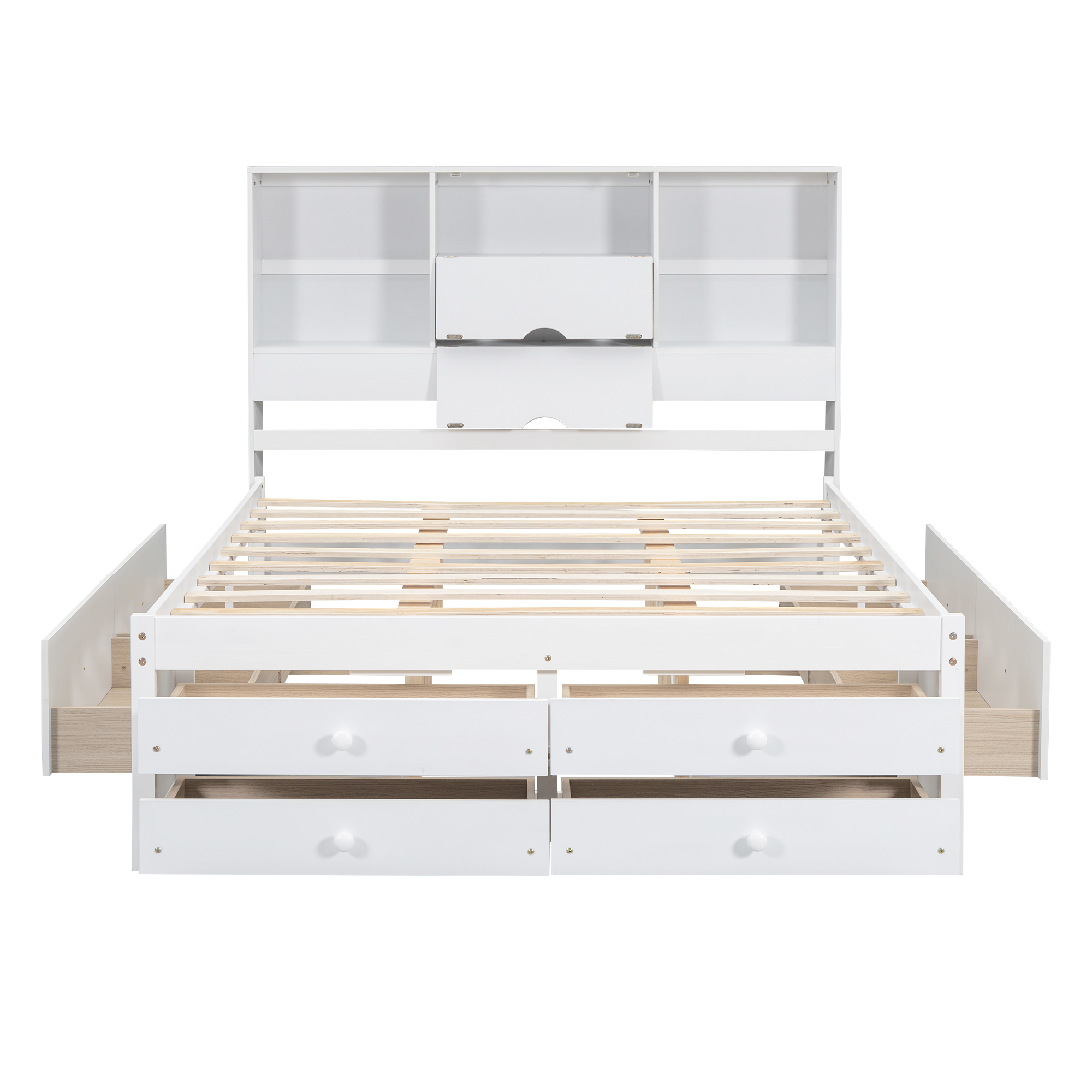 Queen/King Size Platform Bed with Storage Headboard and 8 Drawers, White/Gray