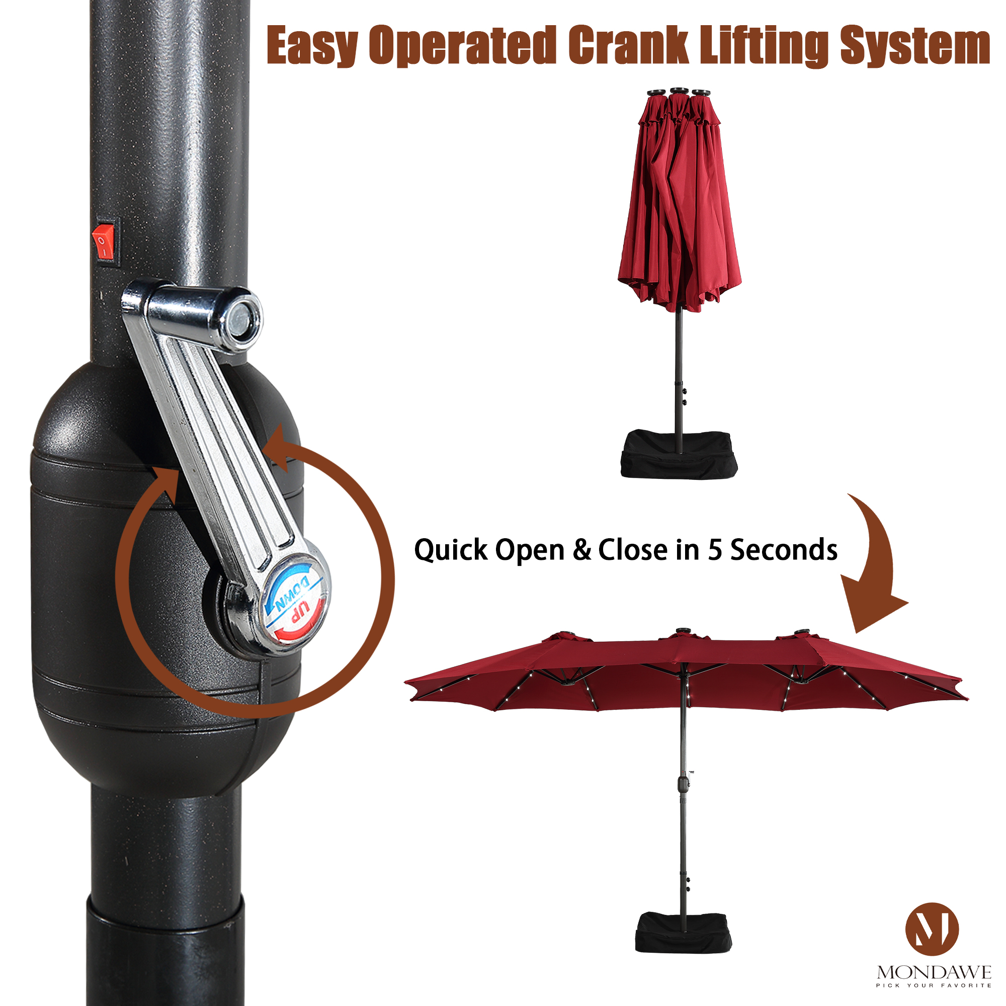 Mondawe 15ft Rectangular Patio Umbrella with Base and LED Lights-Mondawe