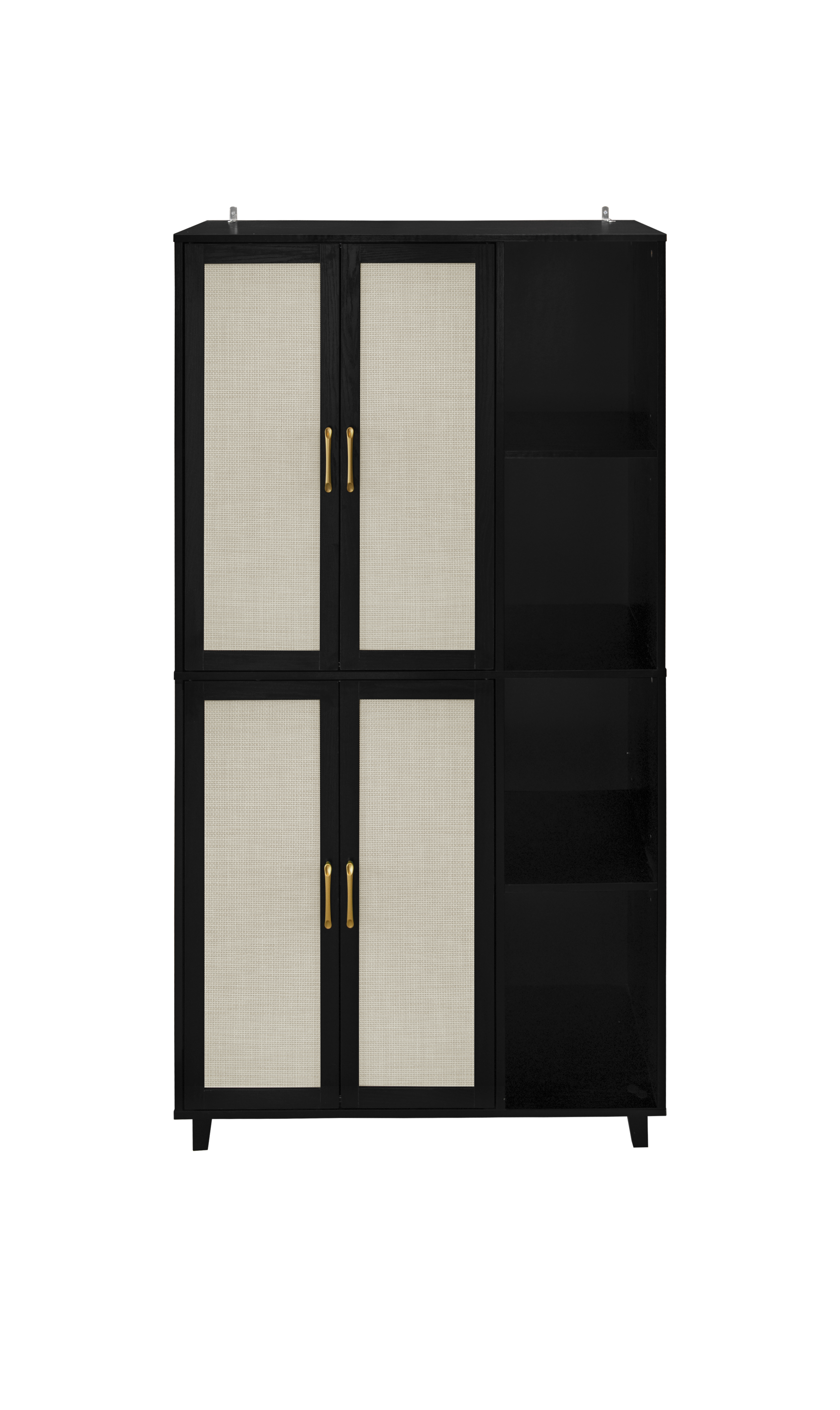 4 Door Cabinet with 4 Shelves with 4 Adjustable Inner Shelves, Storage Cabinet,  Black / Natural 