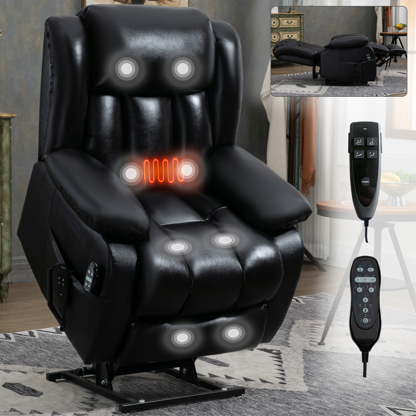 Dual Motor Infinite Position Up to 350 LBS Electric Medium size Brown/Gray/Black/Antique Brown Power Lift Recliner Chair with 8-Point Vibration Massage and Lumbar Heating