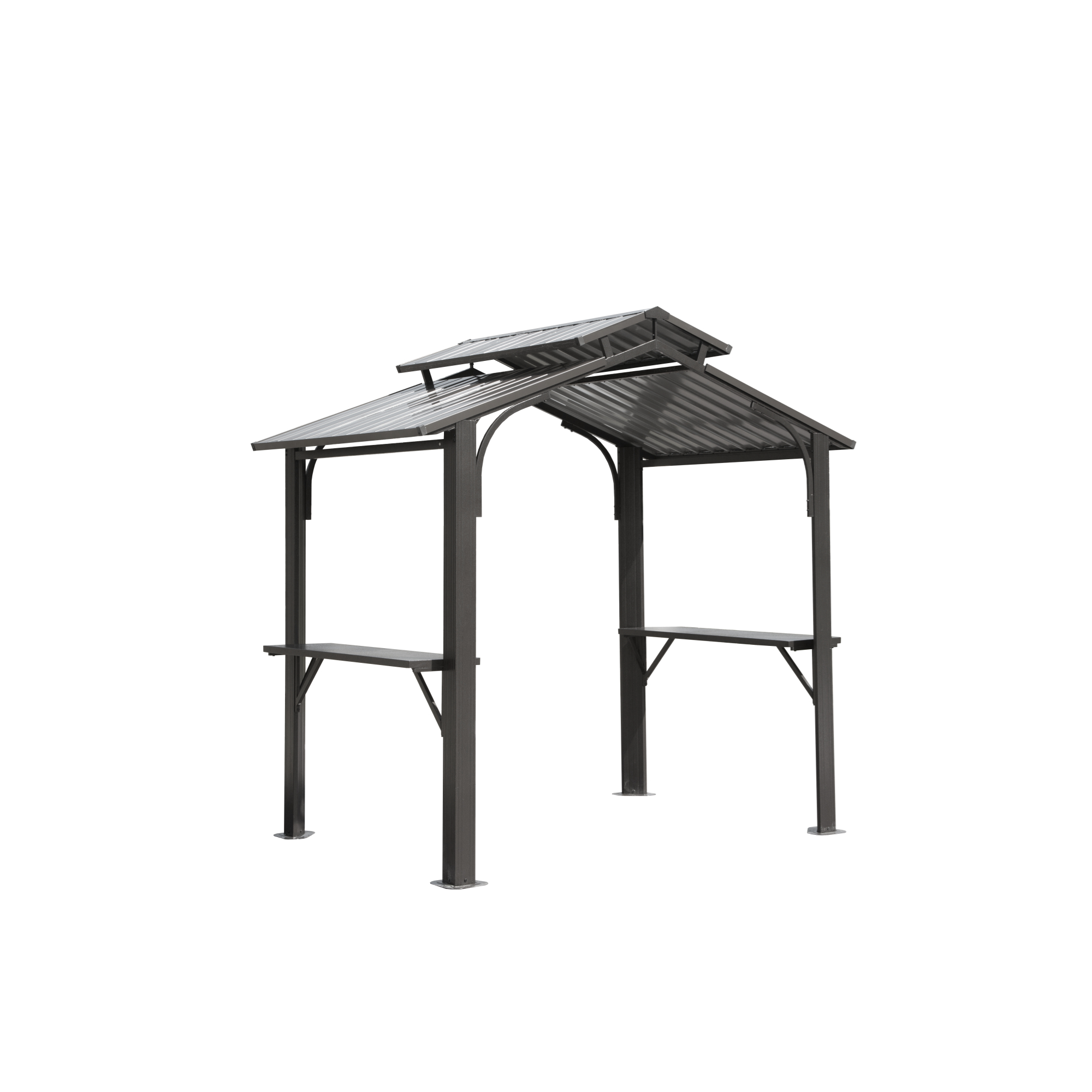 Hardtop Grill Gazebo, Outdoor BBQ Gazebo with 2 Side Shelves and Sloping Galvanized Steel Roof, Metal Permanent Grill Canopy with Ceiling Hooks for Patio, Lawn, Backyard, Deck
