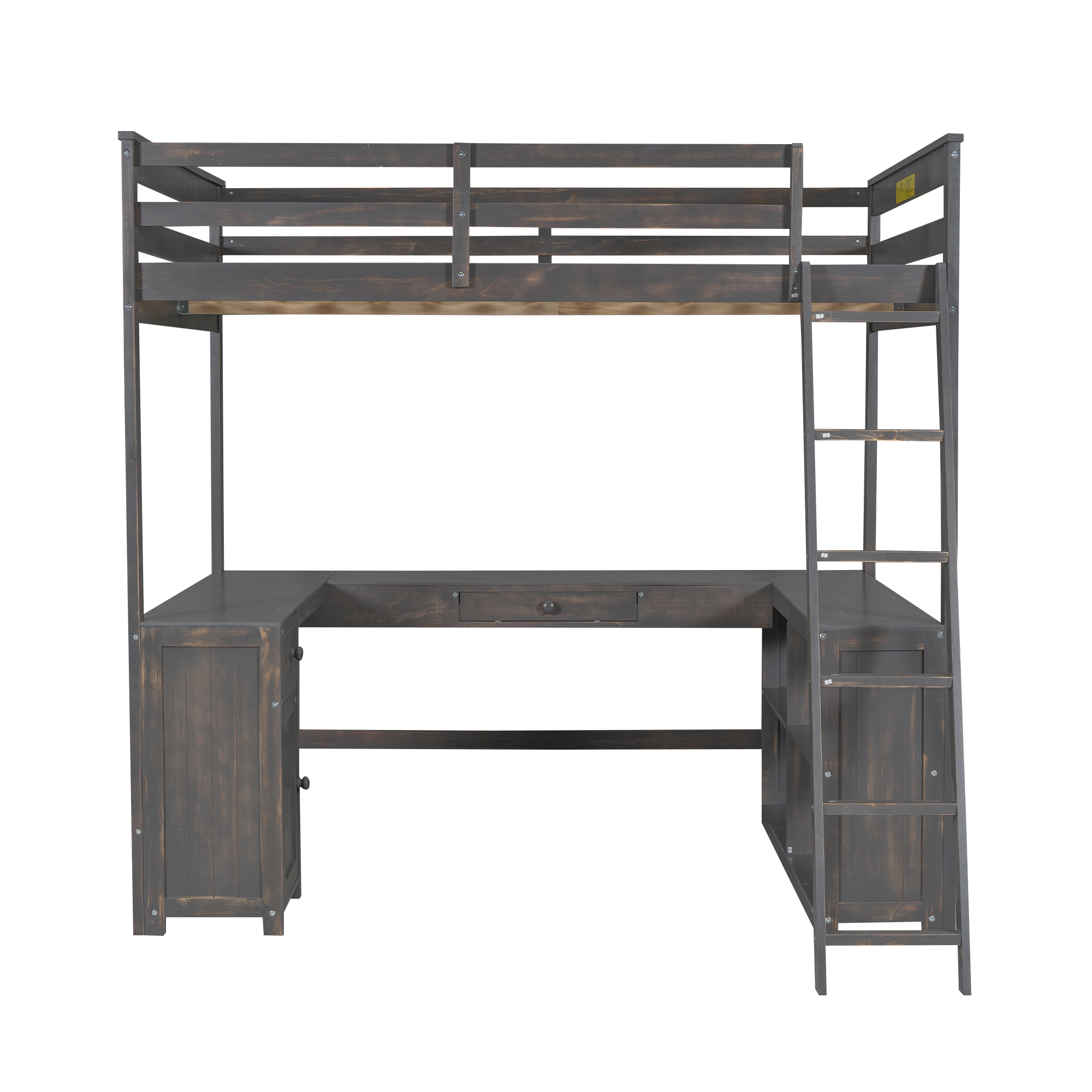 Full/Twin Size Loft Bed with U-shaped Desk, Drawers and Storage Shelves, White/Antique Brown 