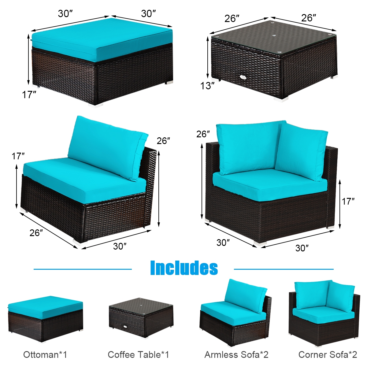 Mondawe 6 Pieces Outdoor Patio Rattan Furniture Set Sofa Ottoman-Turquoise-Mondawe