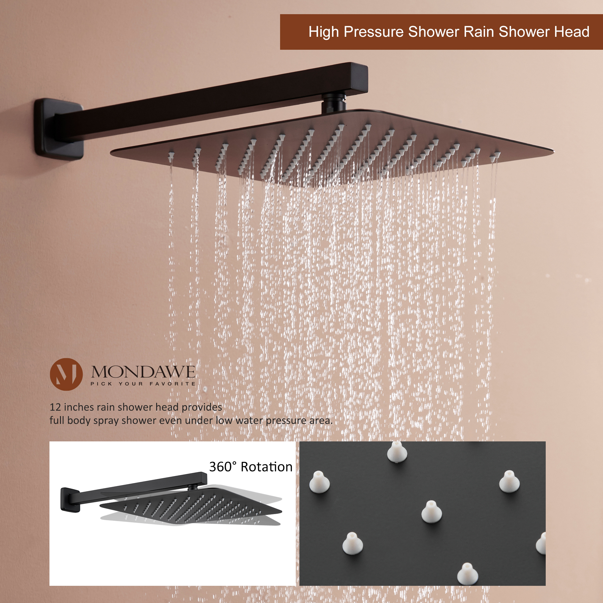 Mondawe Wall Mount Pressure Balanced Rain Shower Head System with Body Sprayers Handheld Shower and Digital Display-Mondawe