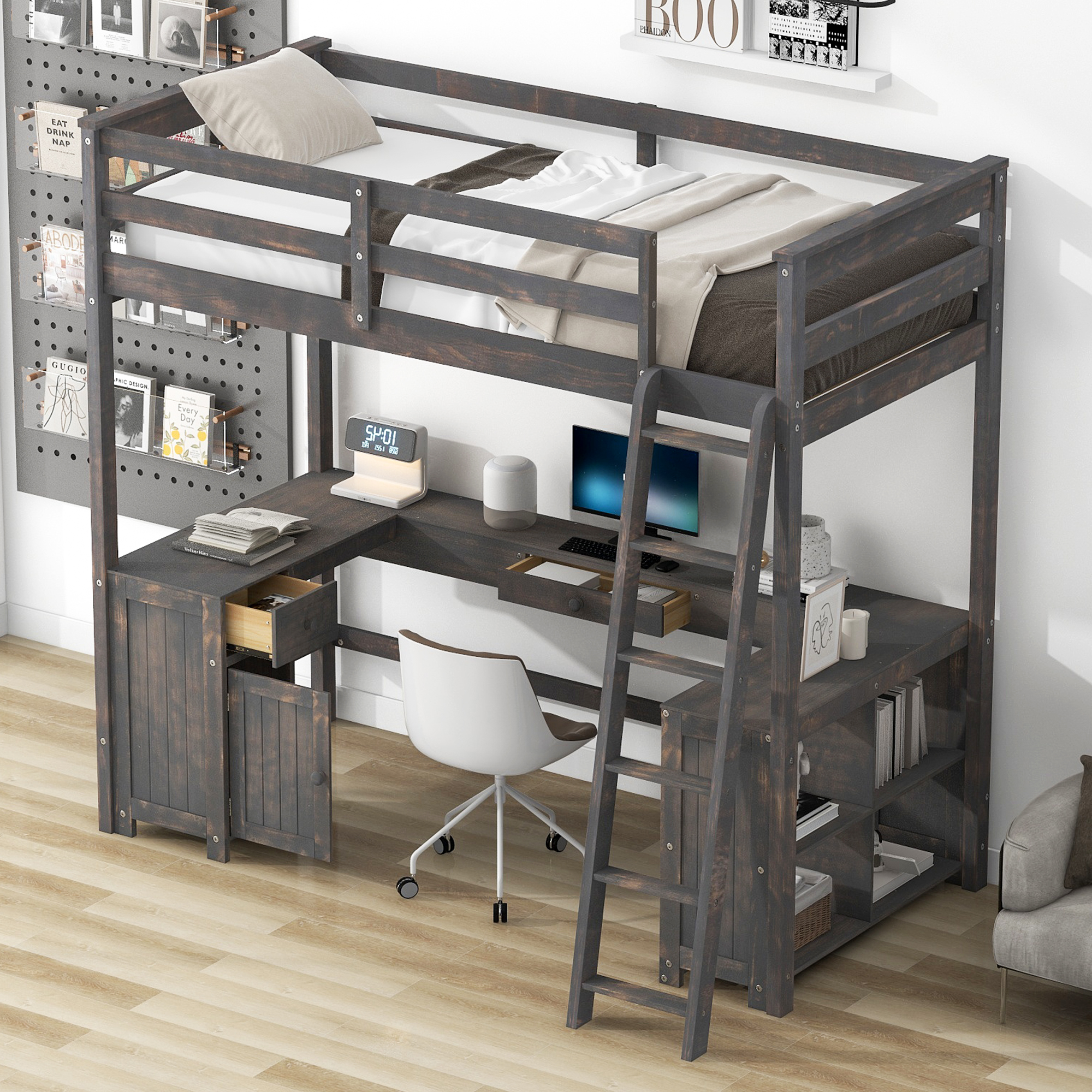 Full/Twin Size Loft Bed with U-shaped Desk, Drawers and Storage Shelves, White/Antique Brown 