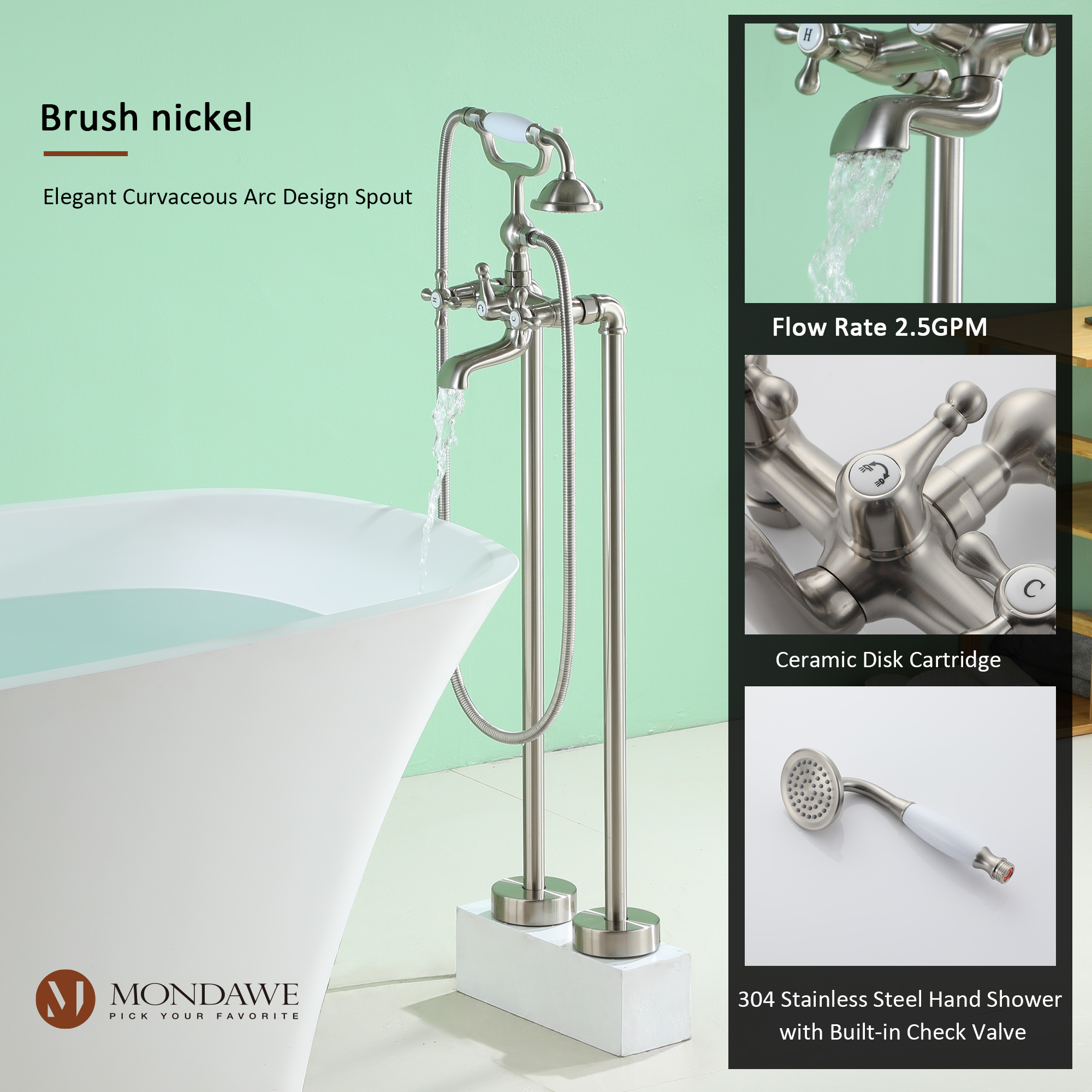 Mondawe 3-Handle Traditional Freestanding Bathtub Faucet(Brush Nickel)-Mondawe