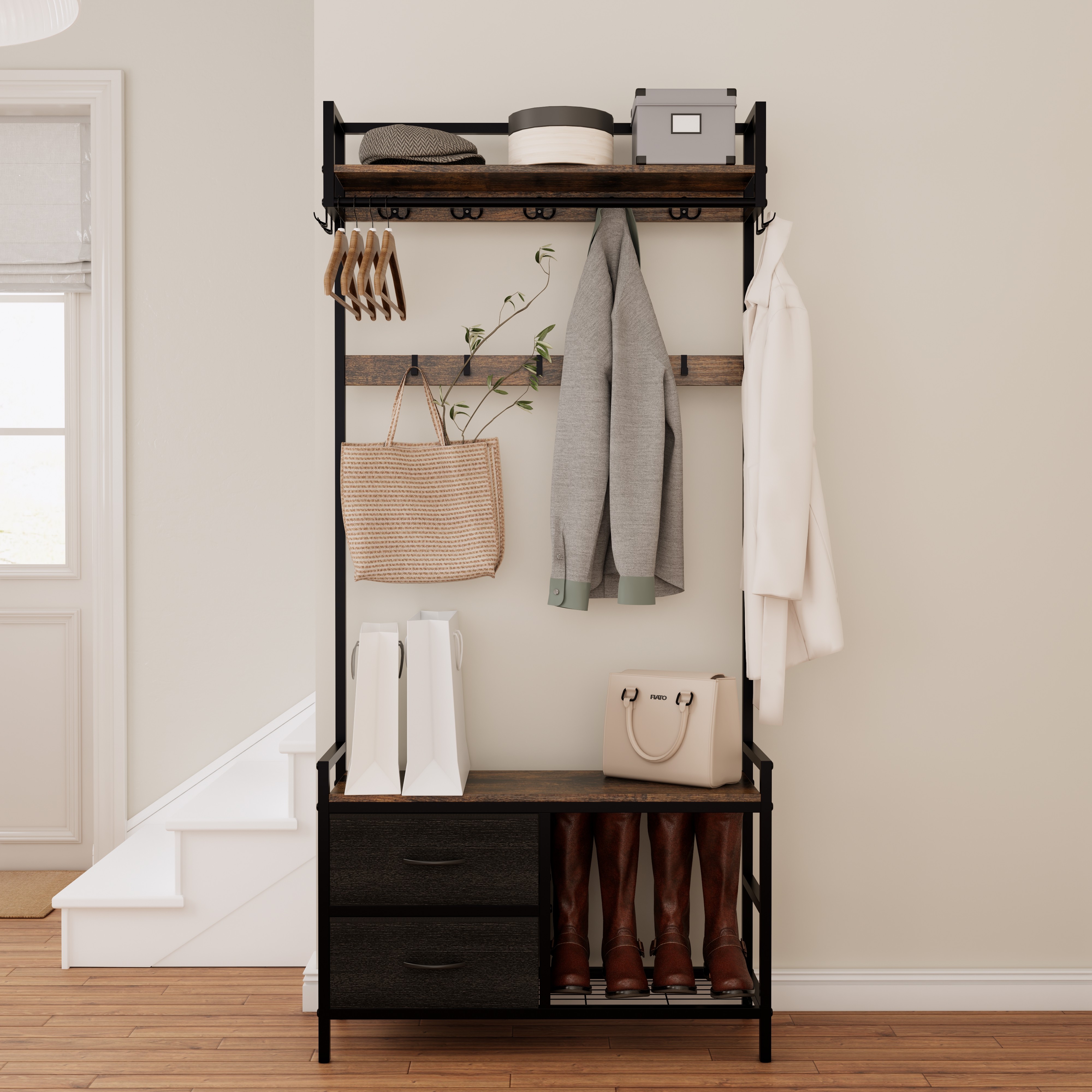 33.1" Wide Hall Tree with 2 Movable Drawers, Shoe Storage, Shelves and Garment Racks, 5-in-1 Entryway Bench with 23 Hooks (Fixed and Movable) 