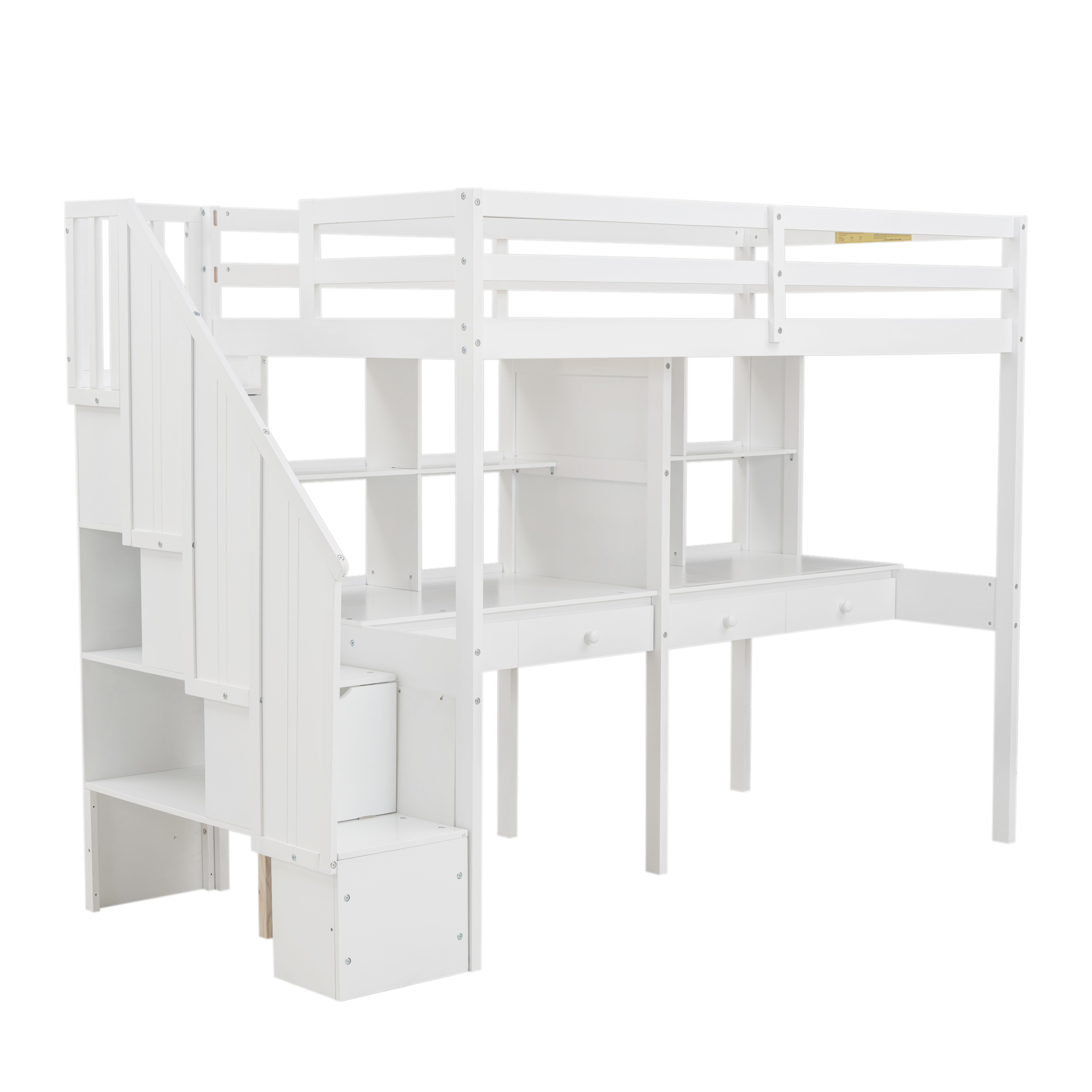 Twin Size Loft Bed Frame with Storage Staircase and Double Desks and Shelves,Gray/White