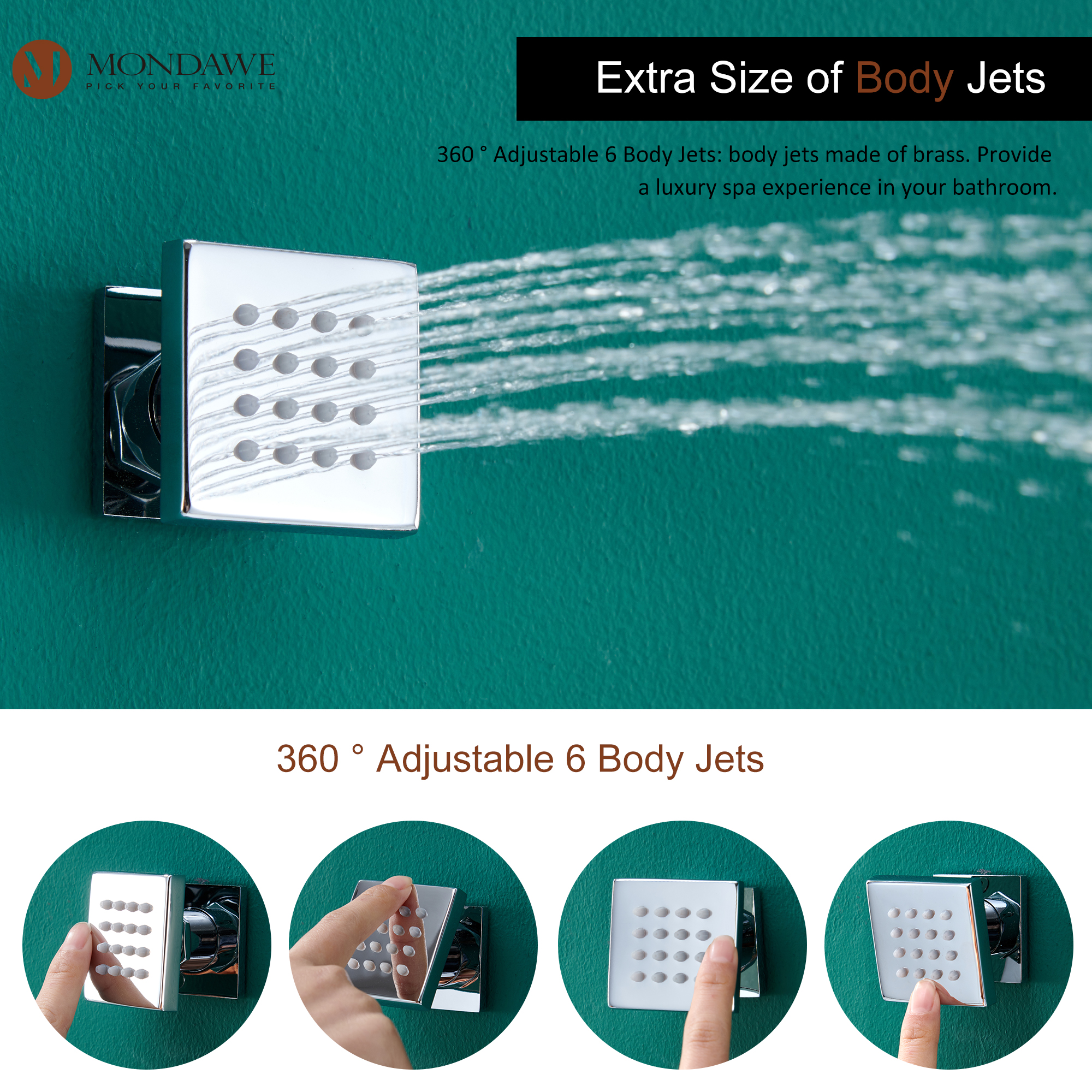 Mondawe Luxury Wall Mount Rain Shower Head with 6 Shower Jet and LED 3-Spray Patterns Thermostatic 12 in. -Mondawe