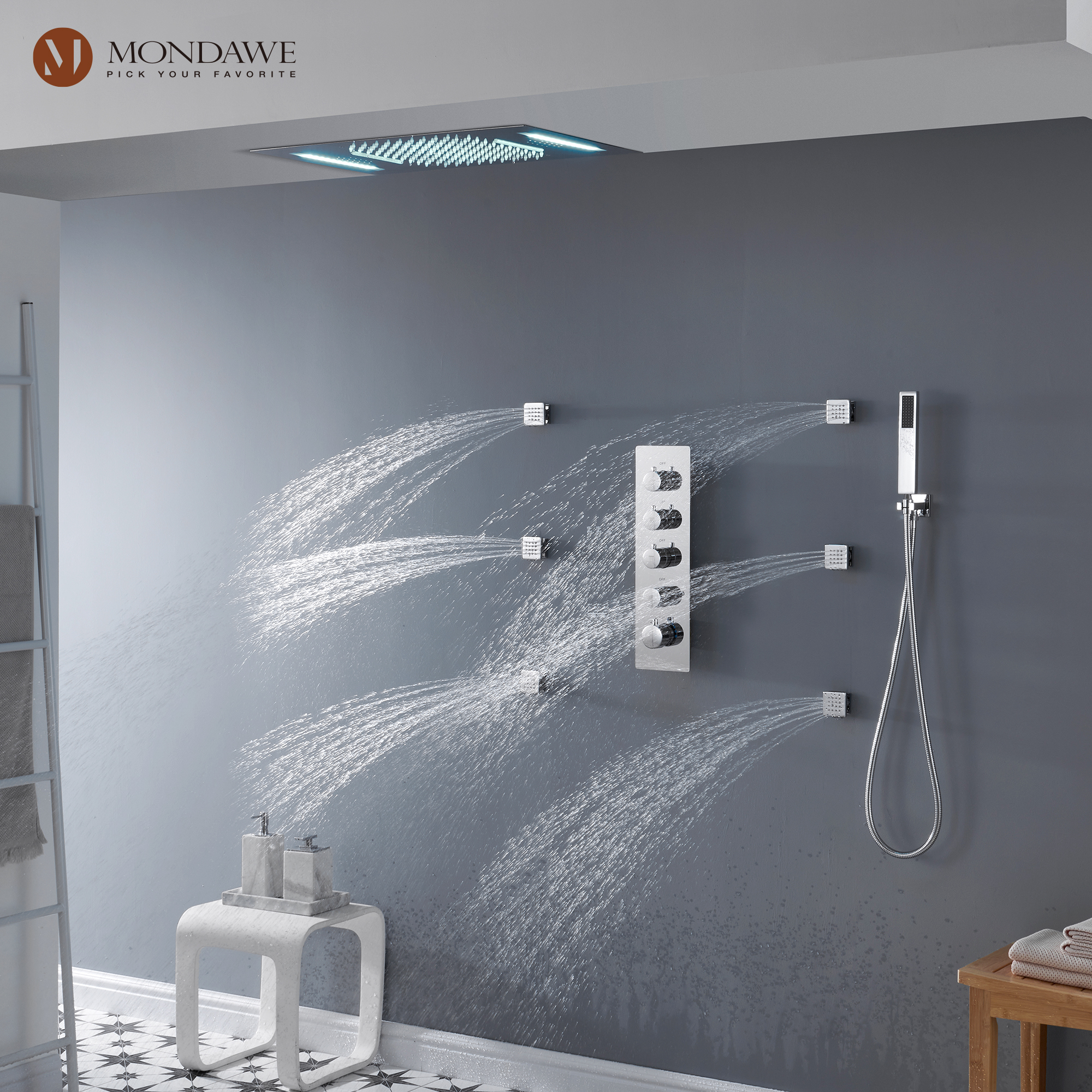 Mondawe Luxury 4-Way Thermostatic Shower System with LED and Music Player-Mondawe