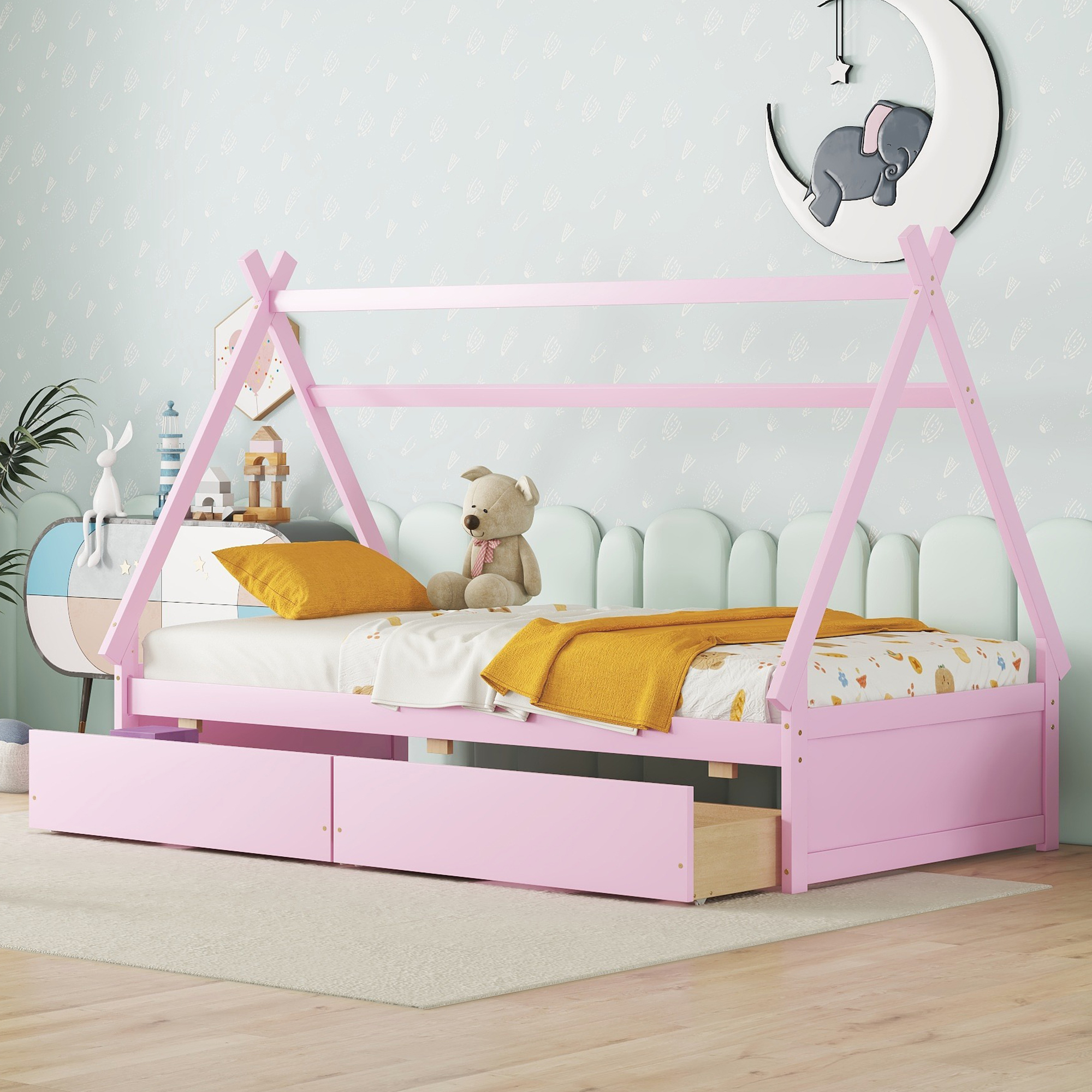 Twin Size House Platform Bed with Two Drawers,Headboard and Footboard, White/Pink 