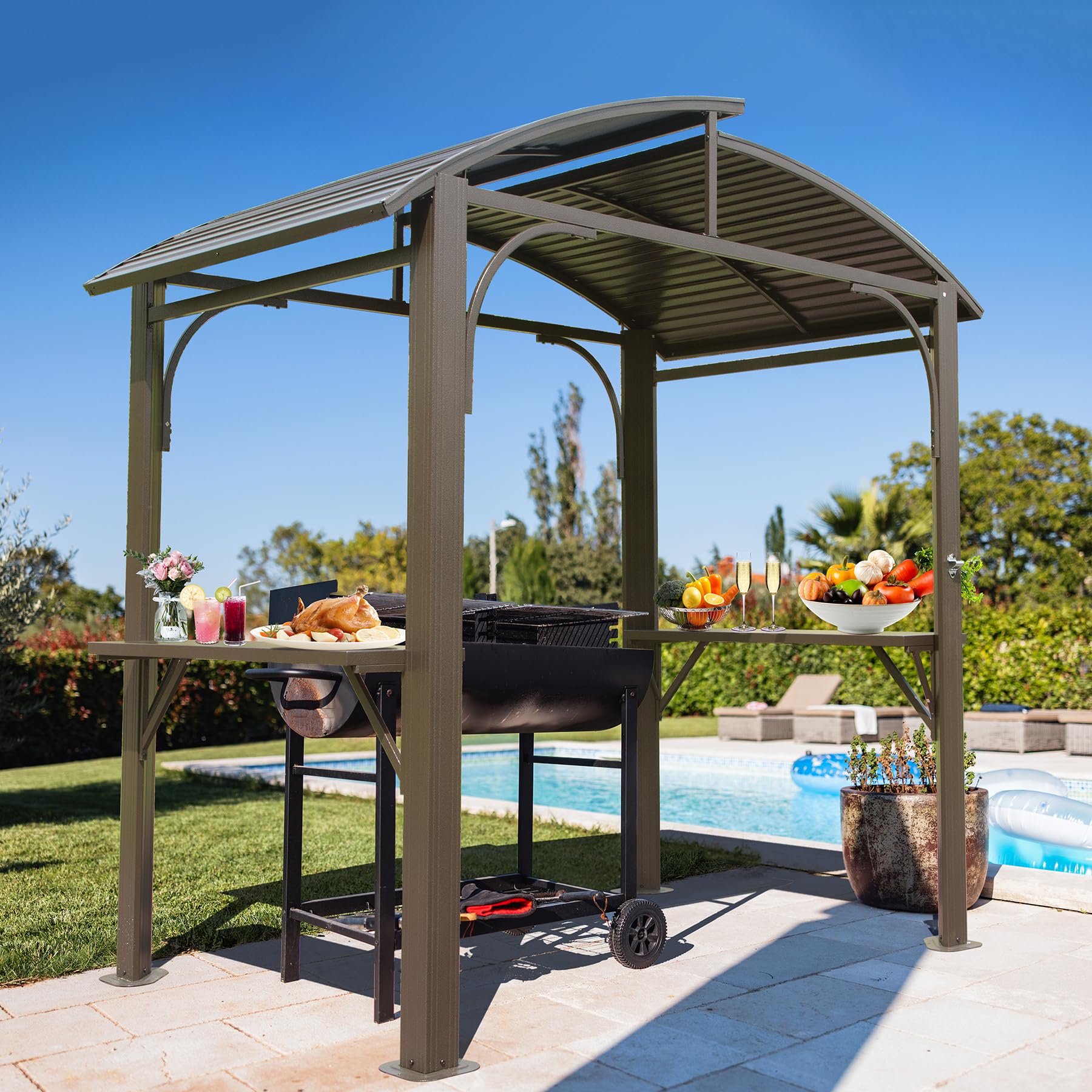 8x5FT Arc Roof, Grill Canopy for Outdoor Grill w/Double Galvanized Steel Roof and 2 Side Shelves, BBQ Gazebo Grill Tent for Patio Garden Backyard, Grey/Brown