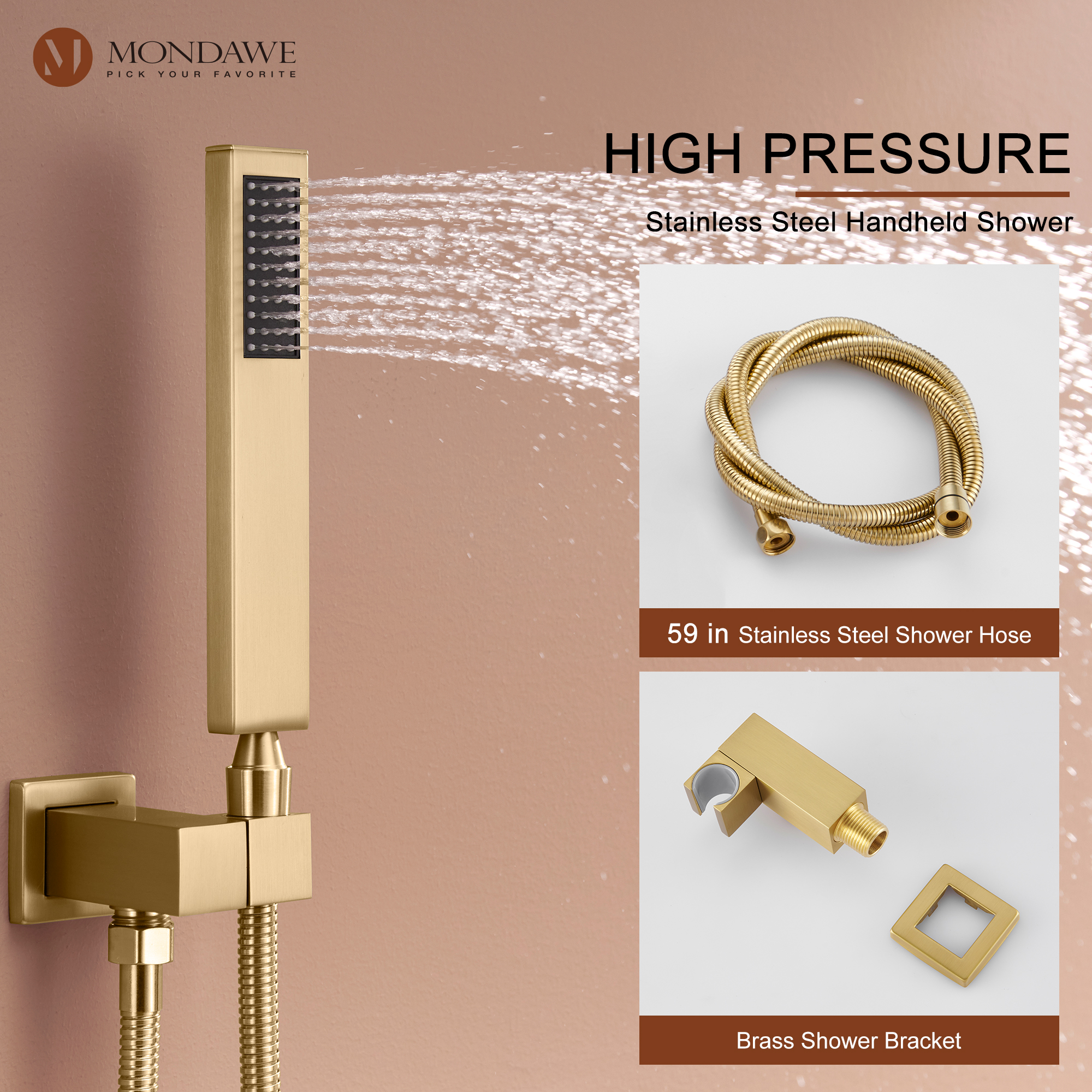 Mondawe Ceiling Mount Thermostatic Rainfall Shower System Set with Hand Held Shower Head and 6 Body Jets-Mondawe