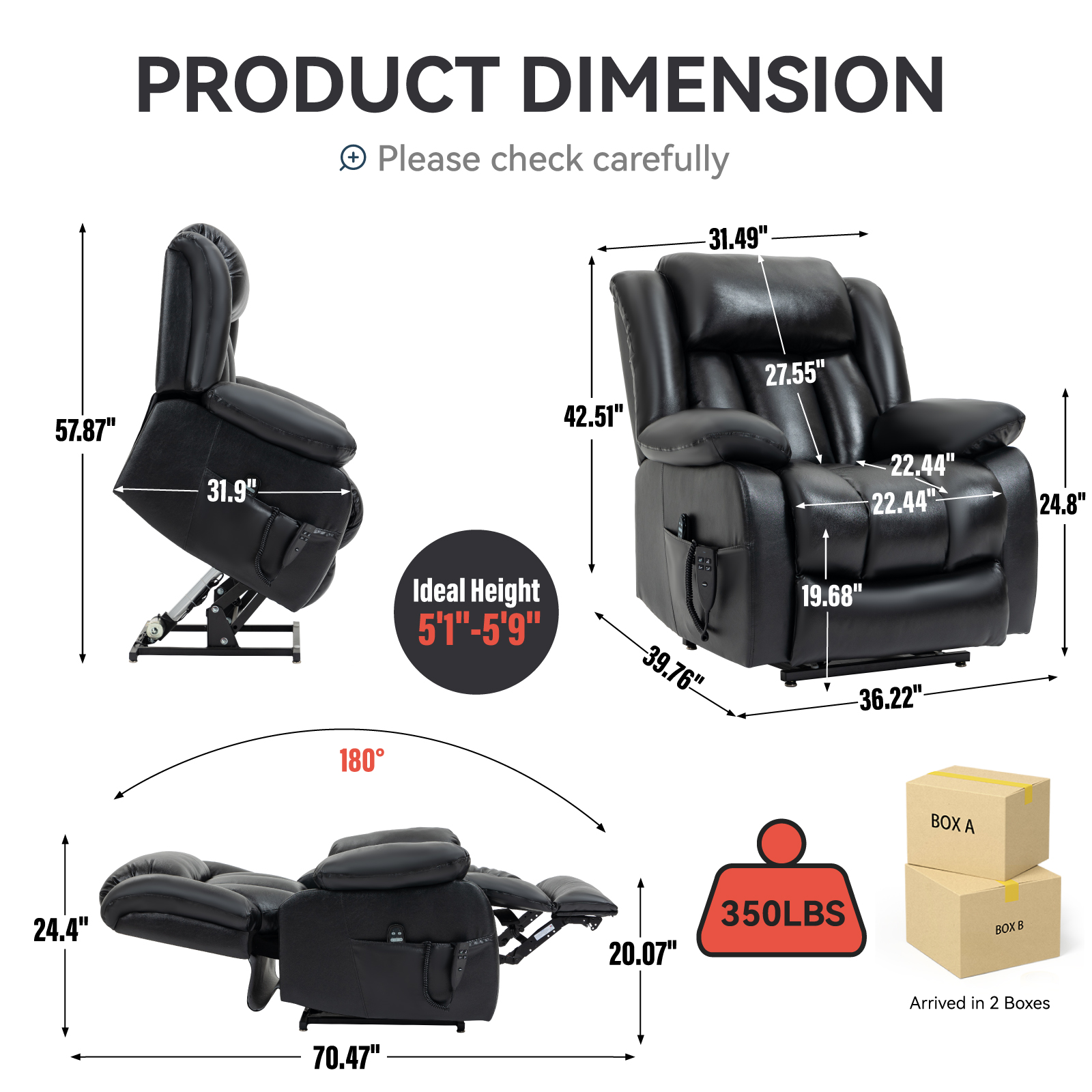 Dual Motor Infinite Position Up to 350 LBS Electric Medium size Brown/Gray/Black/Antique Brown Power Lift Recliner Chair with 8-Point Vibration Massage and Lumbar Heating