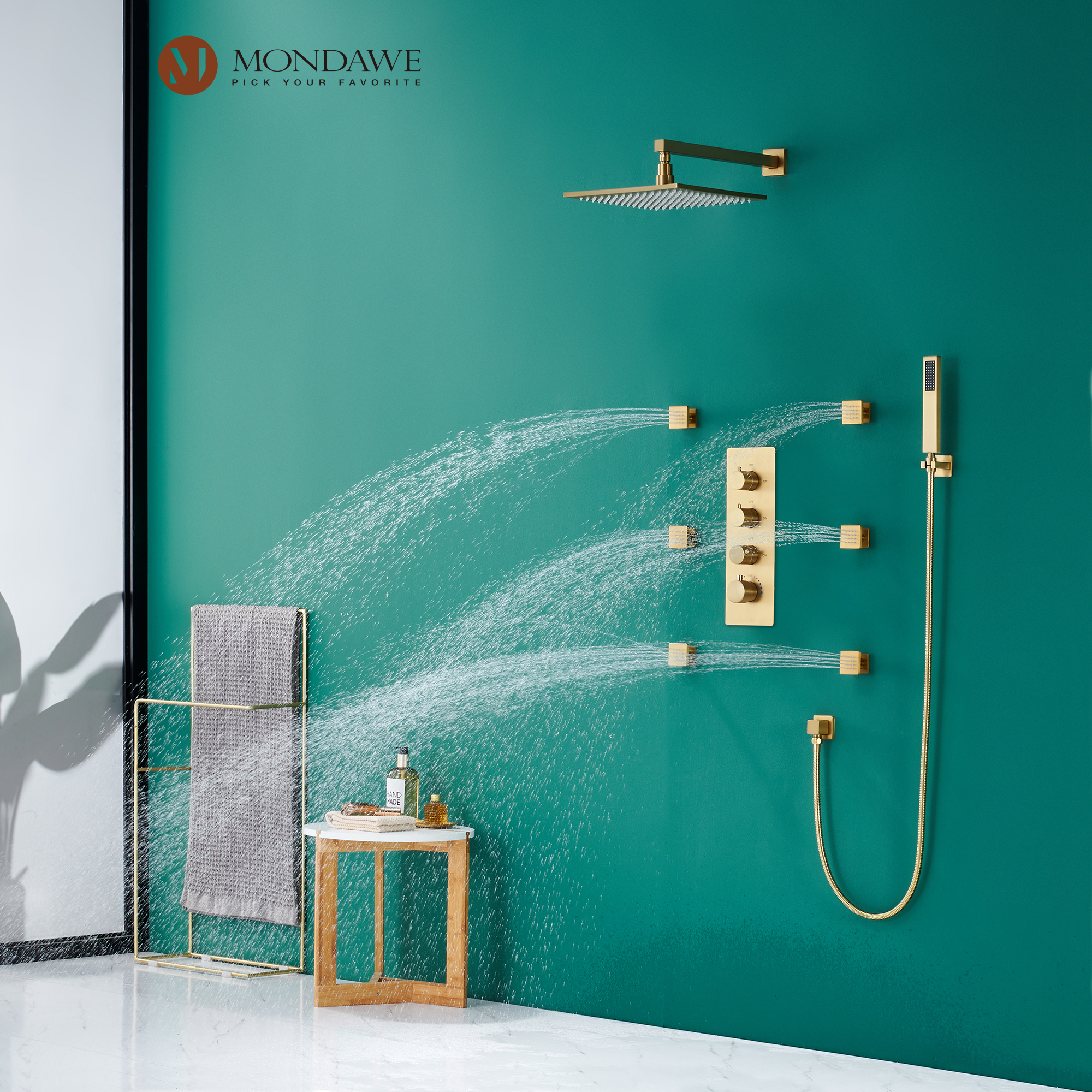 Mondawe Luxury Wall Mount Rain Shower Head with 6 Shower Jet and LED 3-Spray Patterns Thermostatic 12 in. -Mondawe